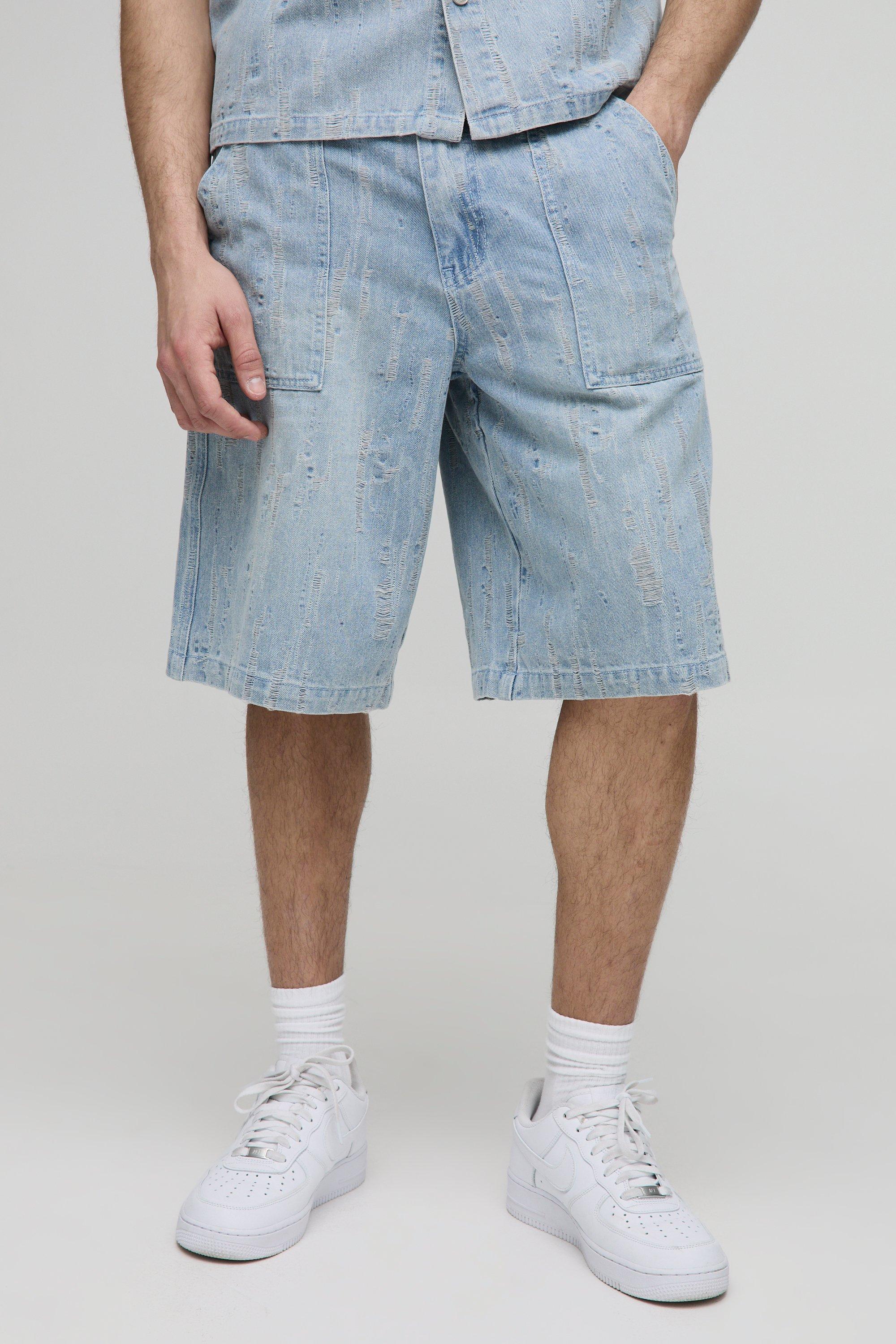 Image of Pantaloni tuta in denim effetto smagliato, Azzurro