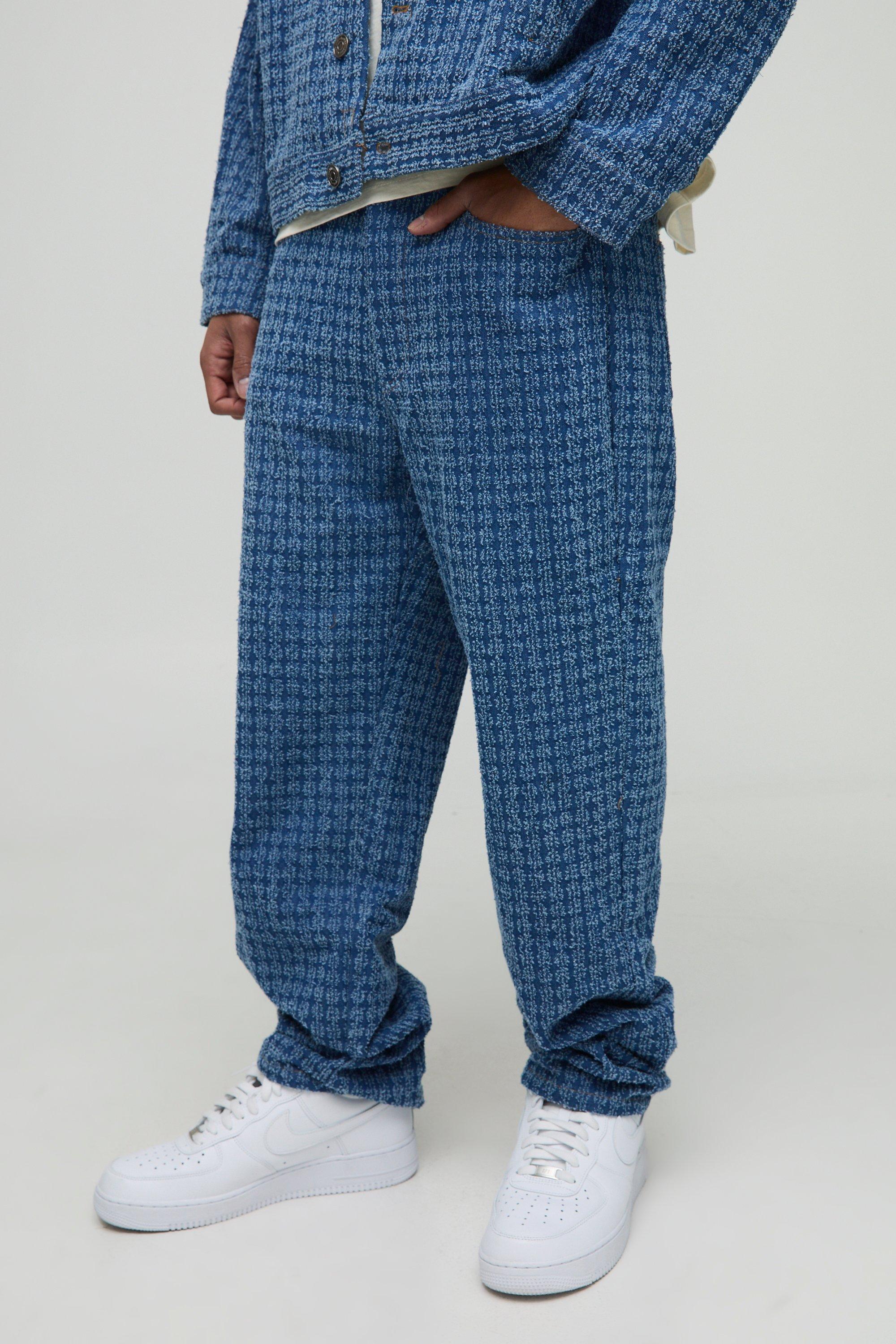 Mens Blue Straight Leg Textured Denim Jeans, Blue
