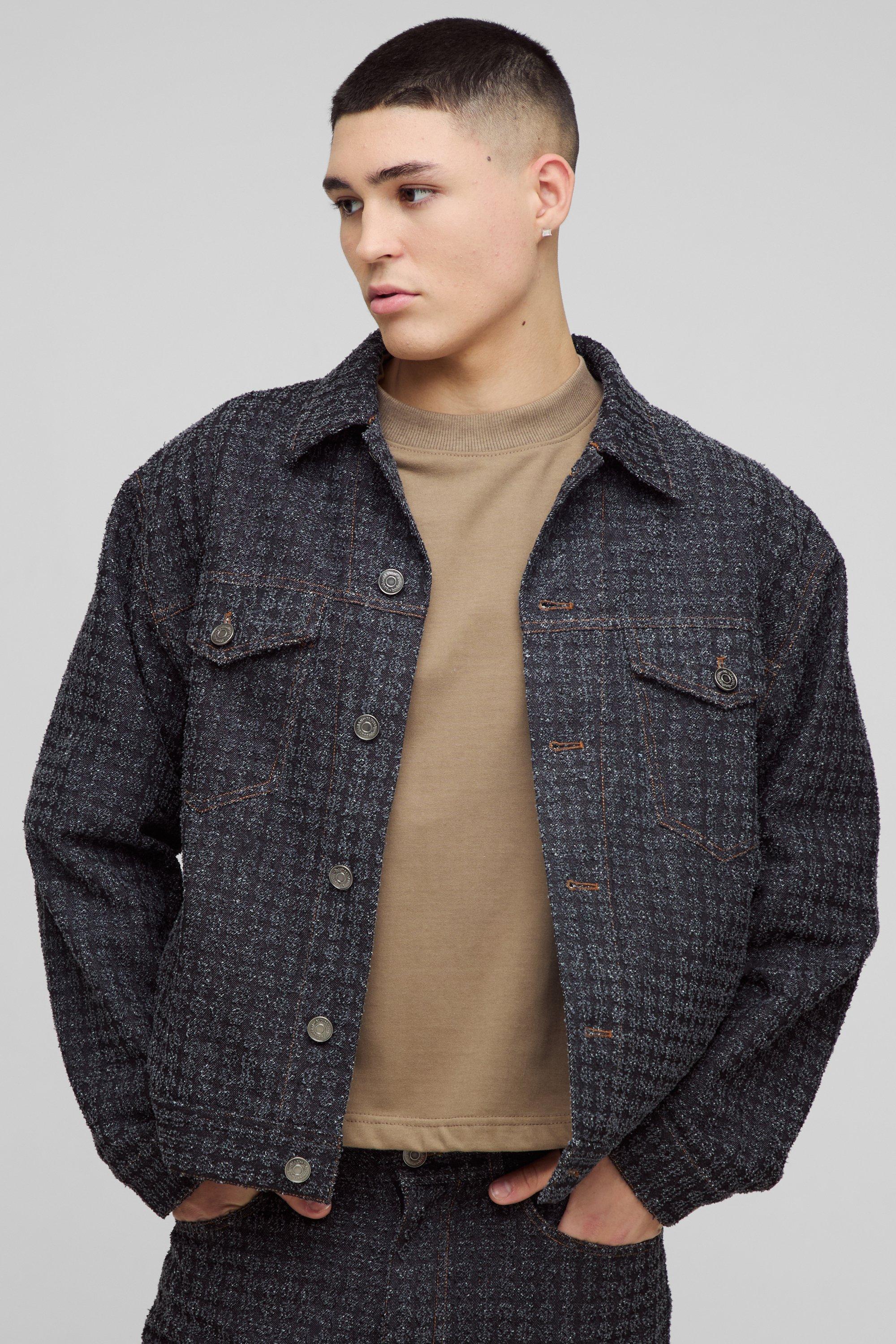 Mens Black Regular Textured Denim Jacket, Black