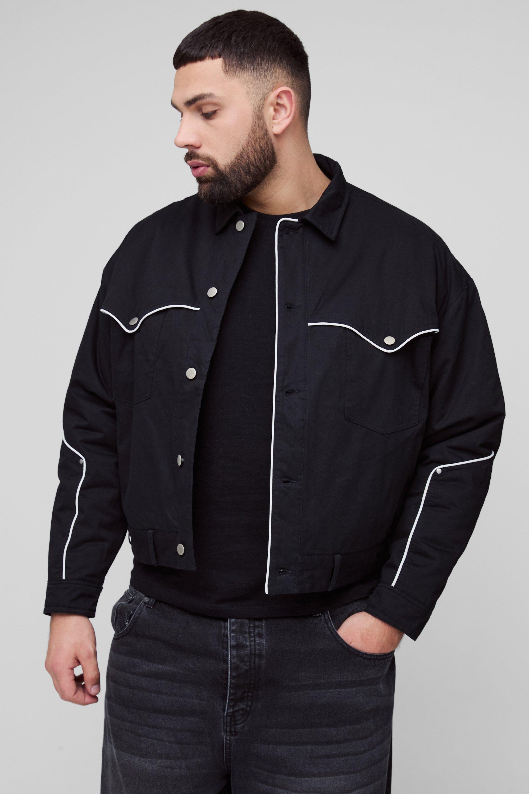 Mens Black Plus Piping Detail Padded Boxy Fit Western Jacket, Black