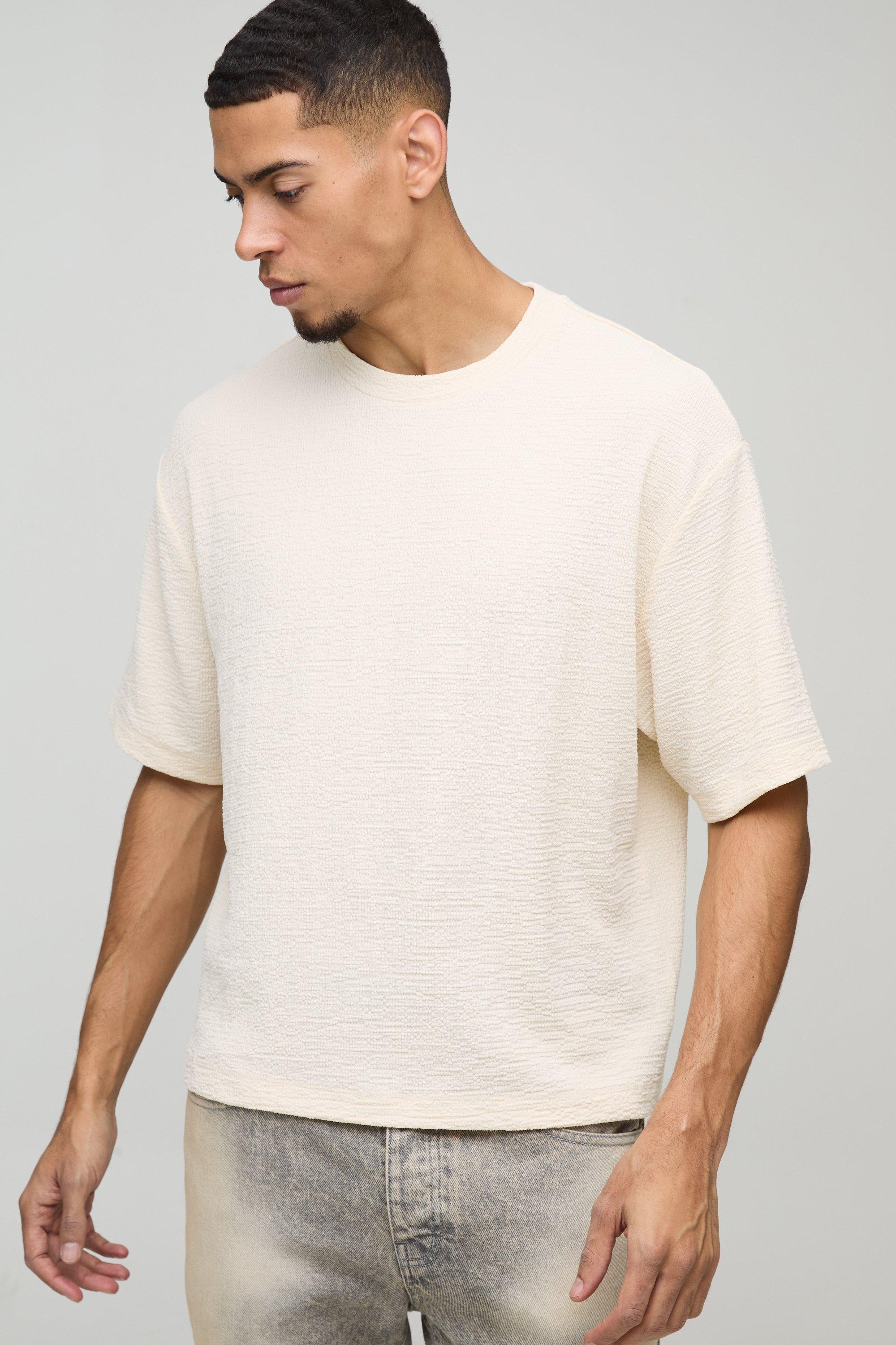 Mens Cream Oversized Boxy Textured T-Shirt, Cream