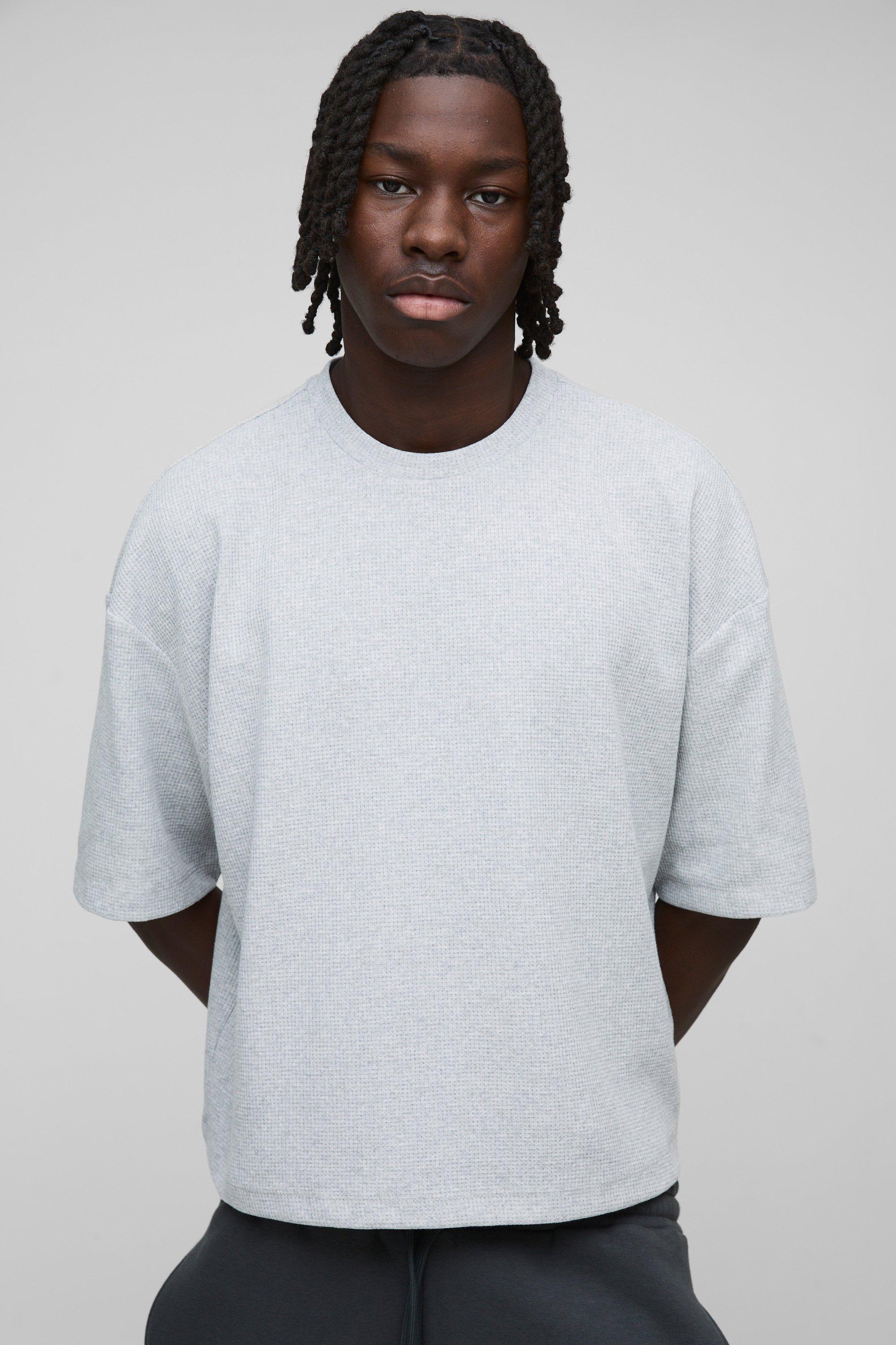 Mens Grey Oversized Boxy Waffle Jersey T-Shirt, Grey