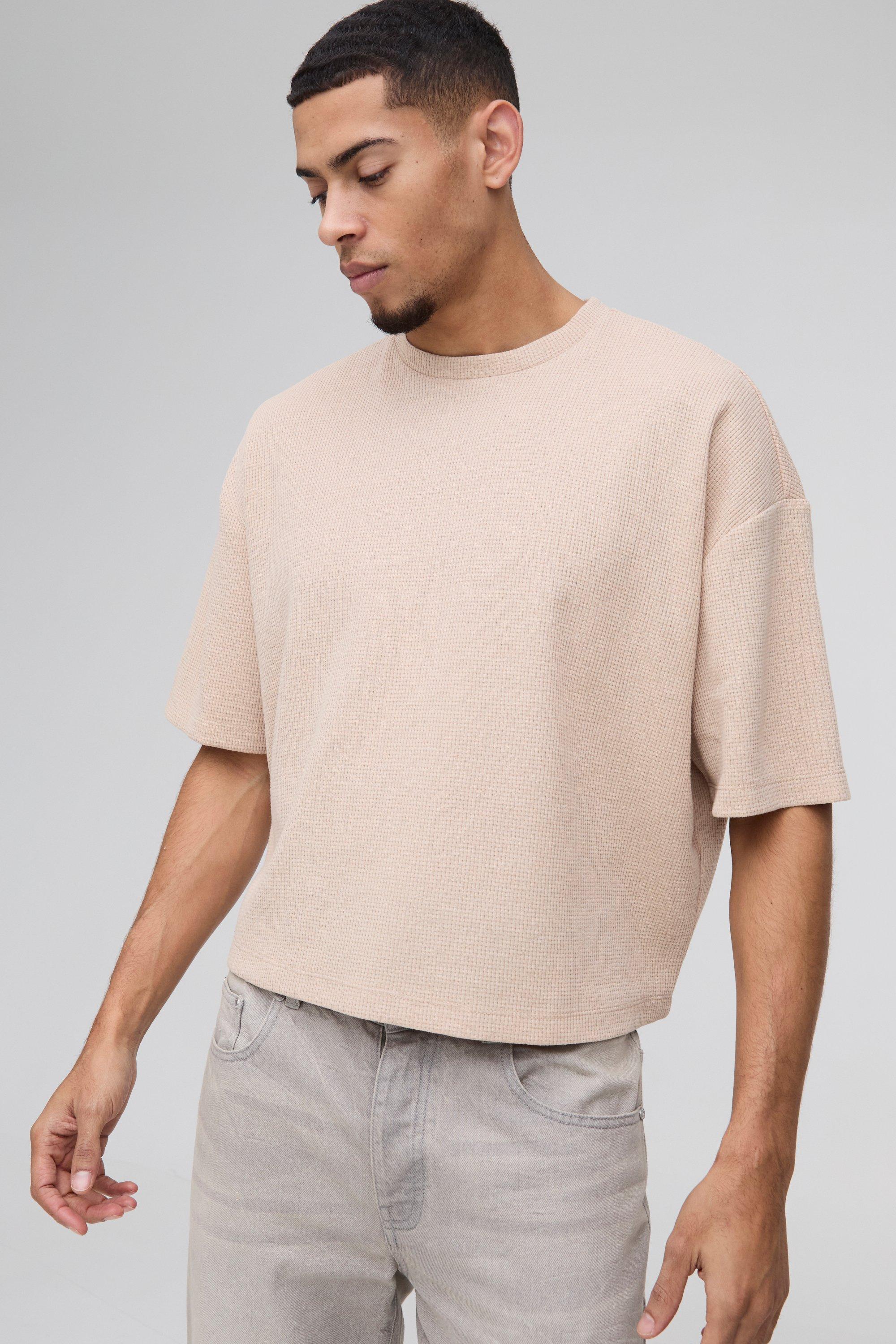 Mens Beige Oversized Boxy Waffle Jersey T-Shirt, Beige