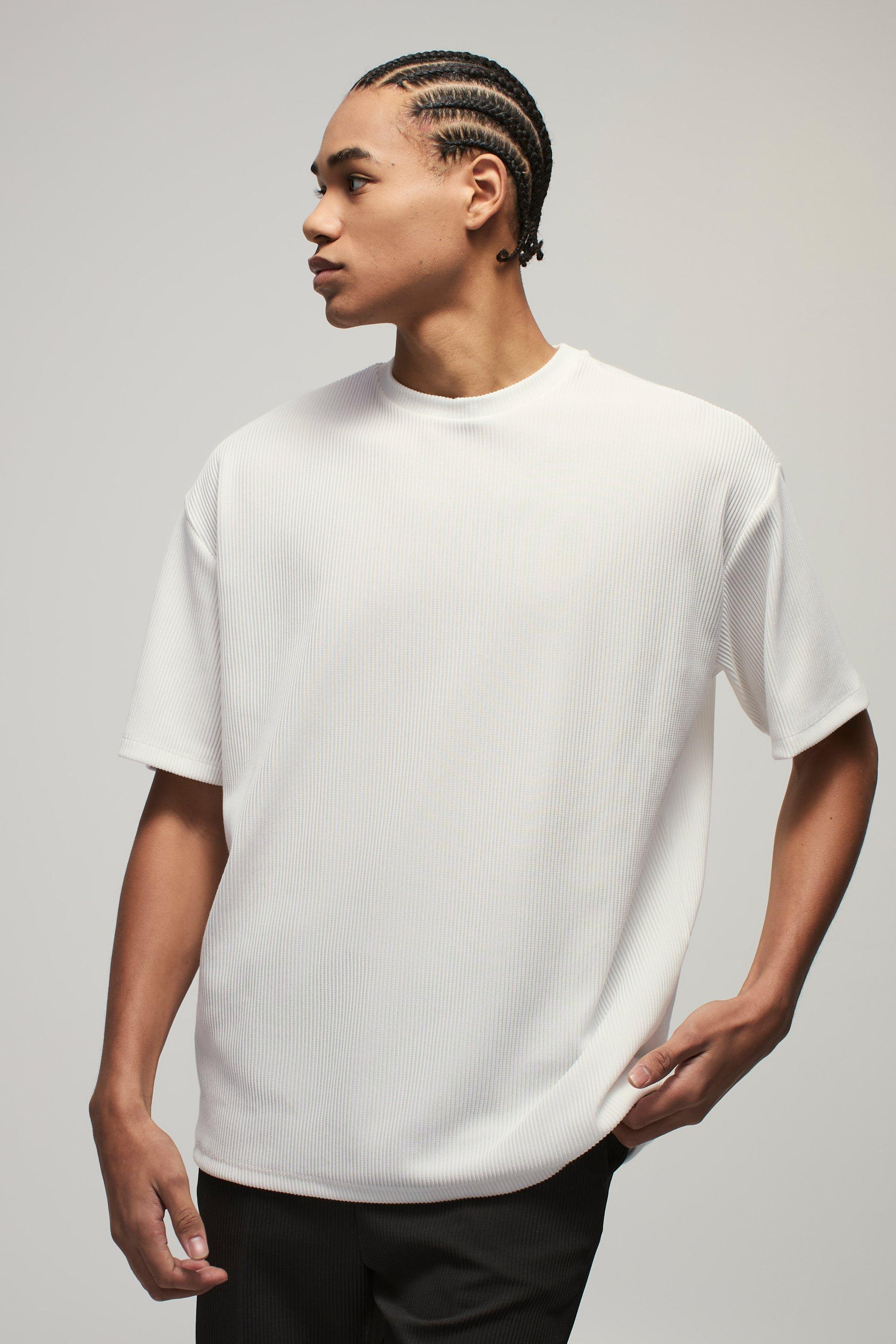 Mens Cream Oversized Plisse Rib T-shirt, Cream
