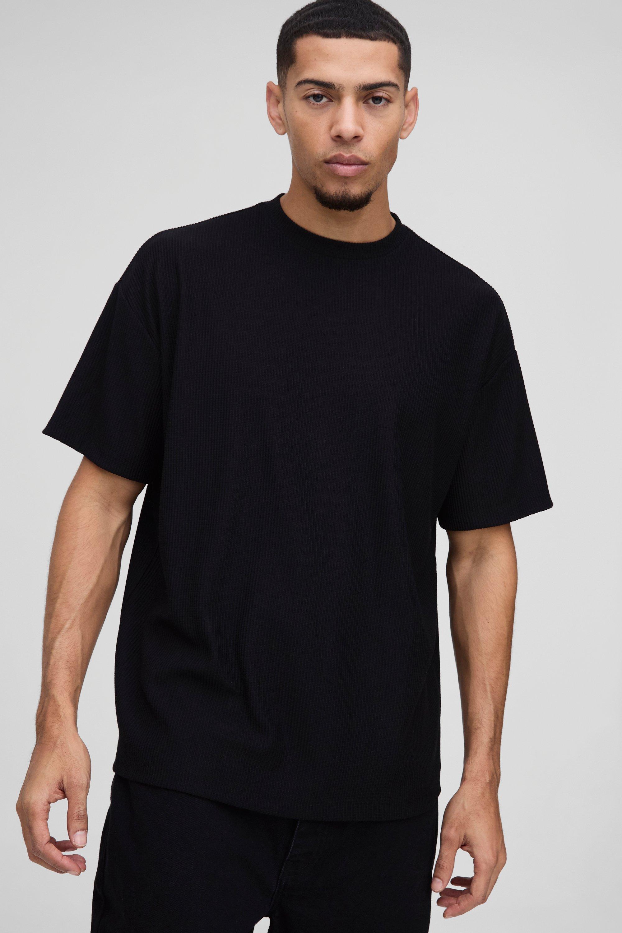 Mens Black Oversized Plisse Rib T-shirt, Black