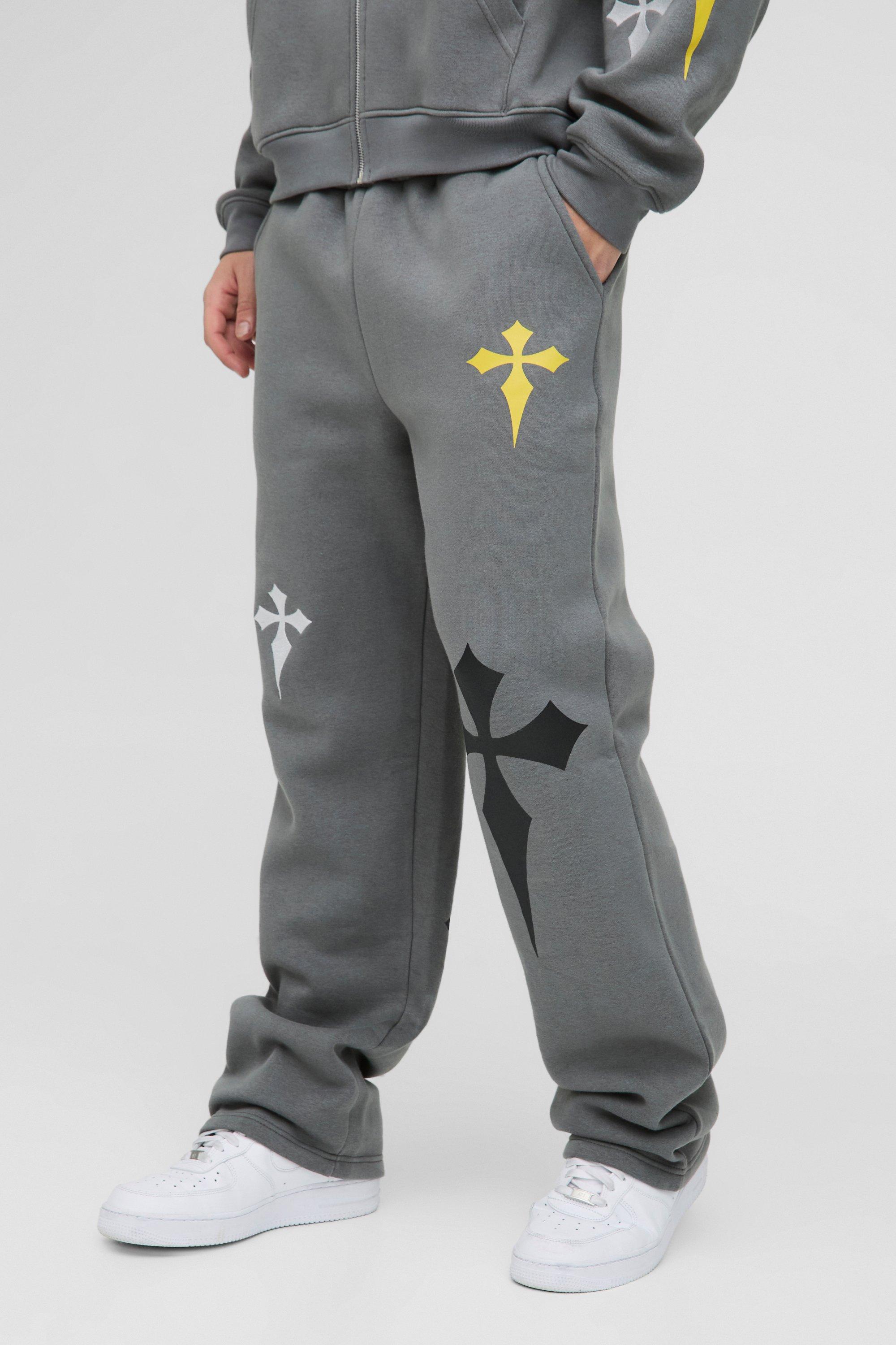 Mens Grey Relaxed Fit Cross Embroidered Printed Jogger, Grey