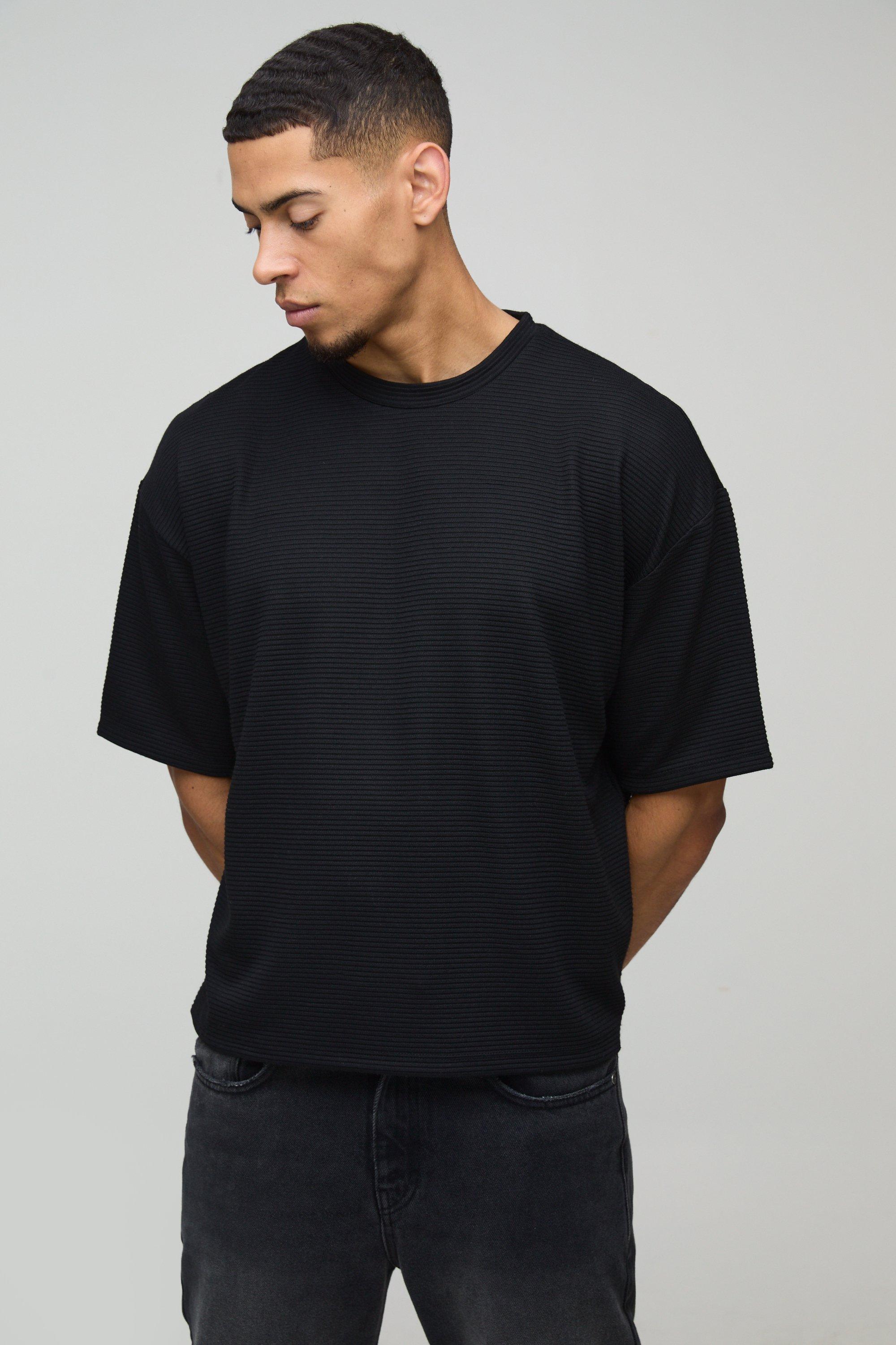 Mens Black Oversized Boxy Ribbed T-Shirt, Black