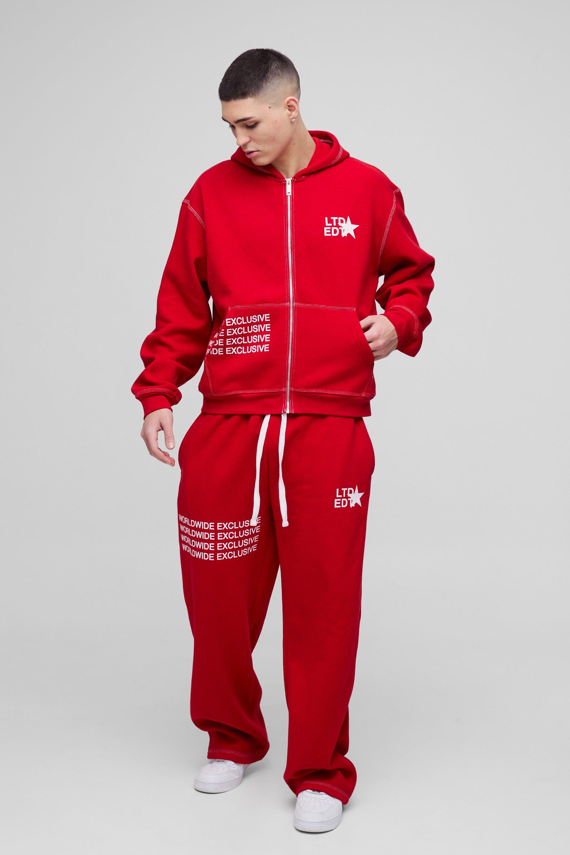 Mens Red Oversized Boxy Contrast Stitch Printed Zip Through Hooded Tracksuit, Red