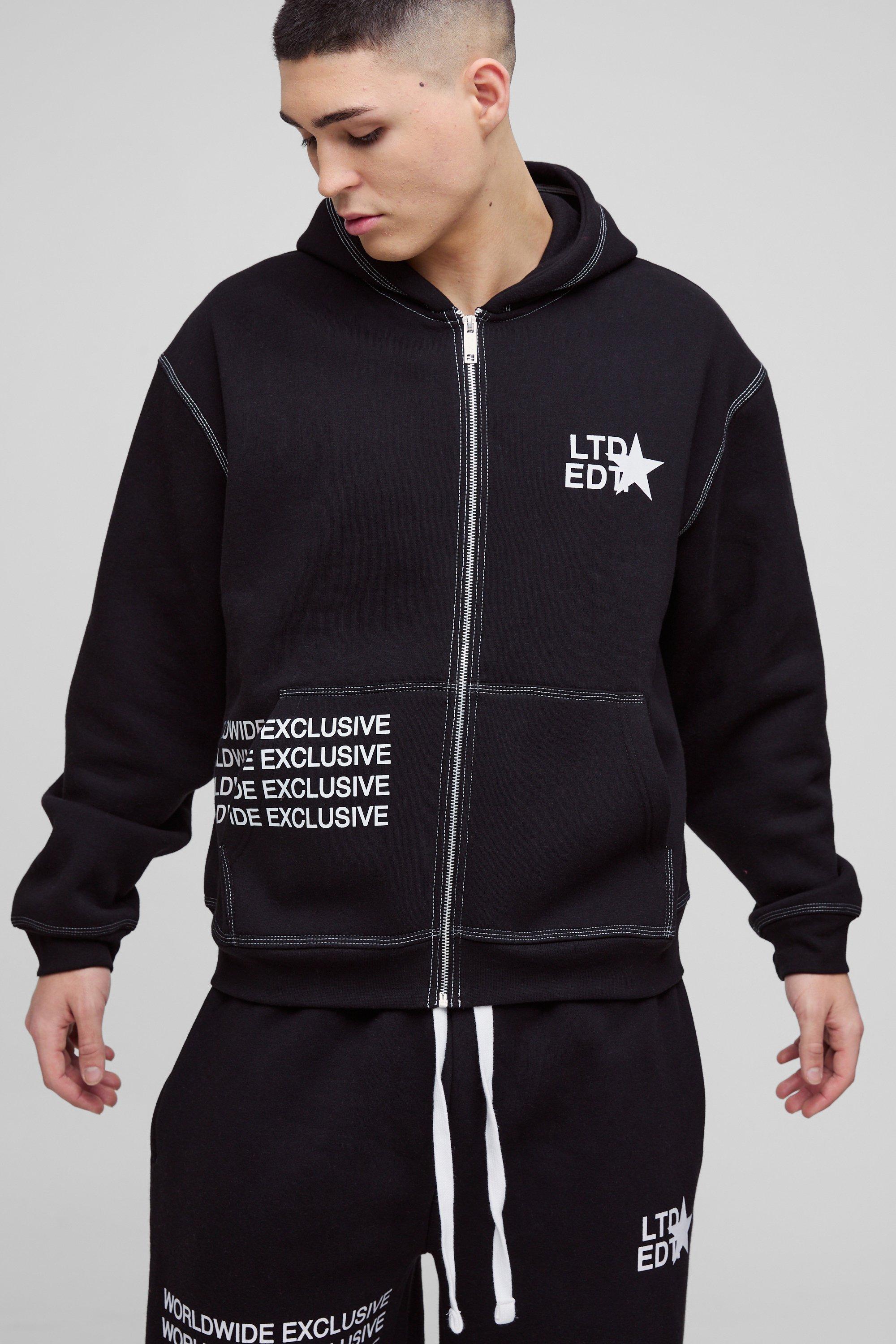 Imagen Sudadera Oversize Recta Con Capucha, Cremallera Y Estampado De Costuras En Contraste, Negro