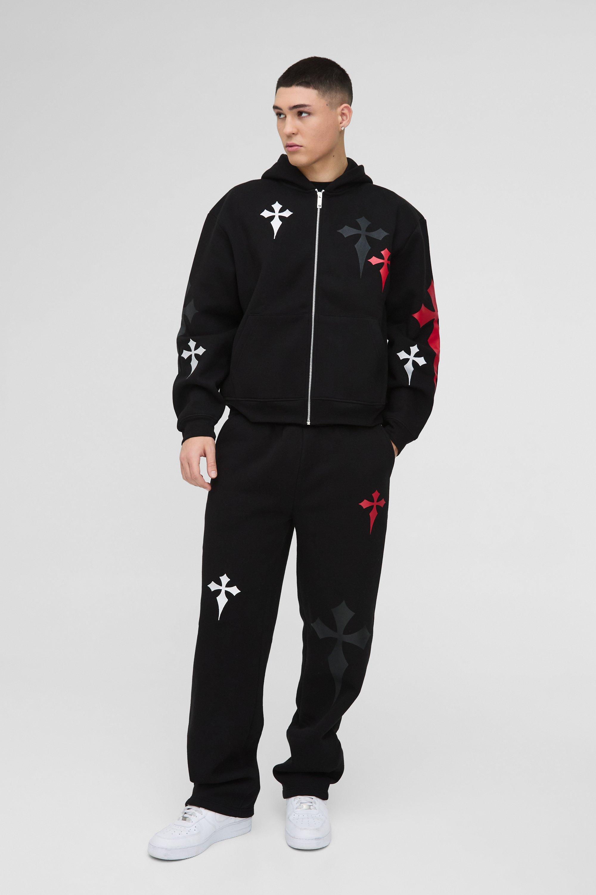 Tuta sportiva squadrata oversize con ricamo di croce, zip e cappuccio, Nero
