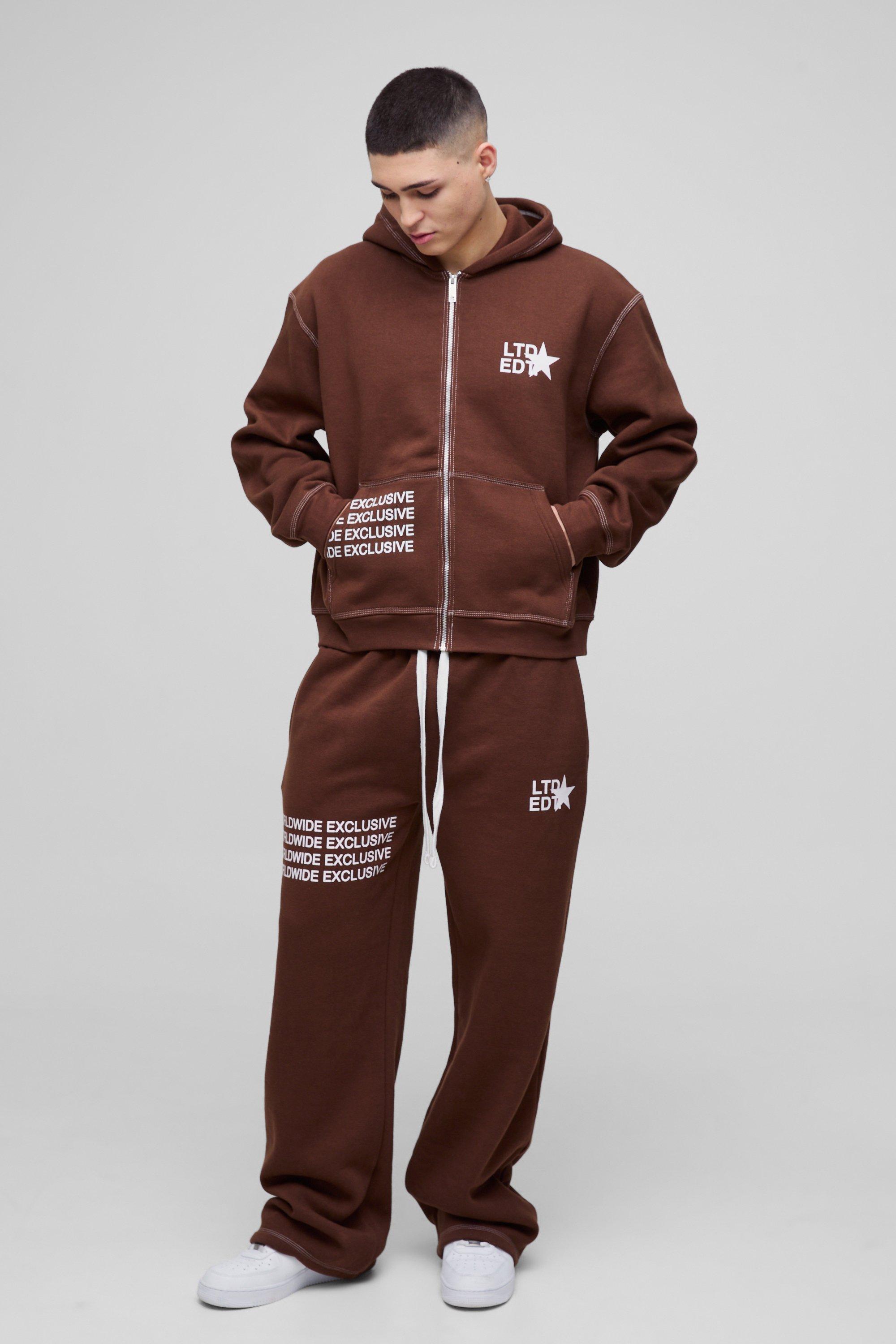 Mens Brown Oversized Boxy Contrast Stitch Printed Zip Through Hooded Tracksuit, Brown