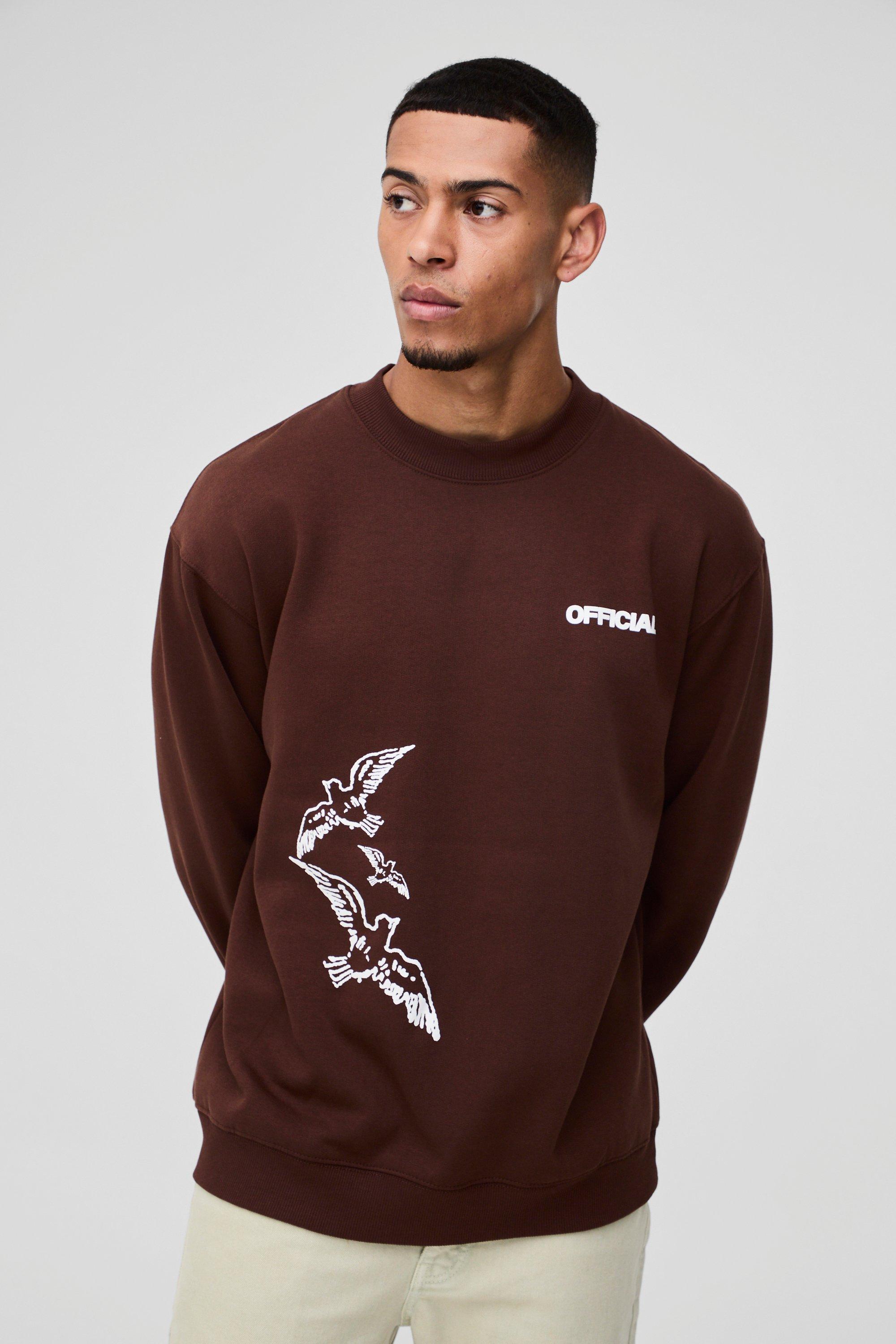 Mens Brown Oversized Official Bird Graphic Sweatshirt, Brown