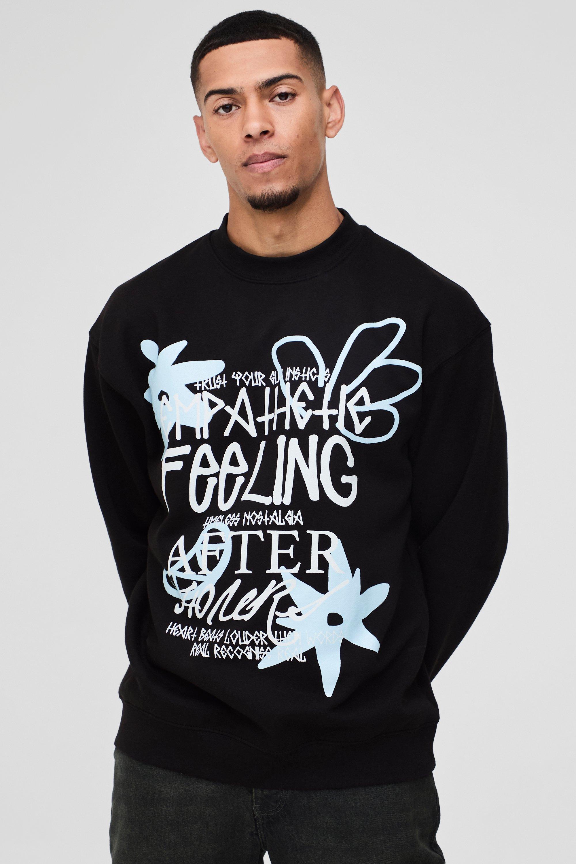 Mens Black Oversized Flower Doodle Graphic Sweatshirt, Black