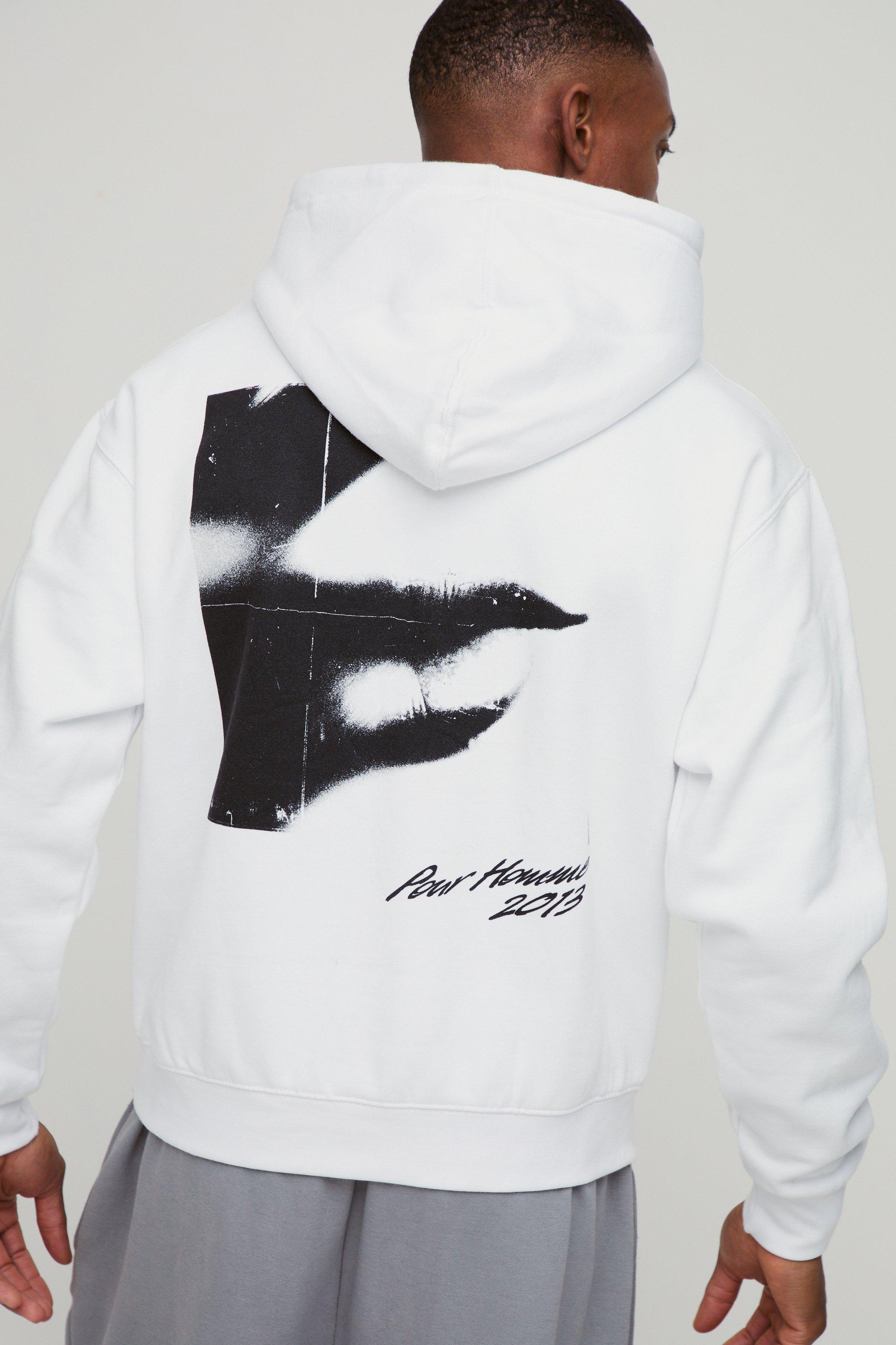 Felpa squadrata oversize con grafica astratta di riquadro e cappuccio, Bianco