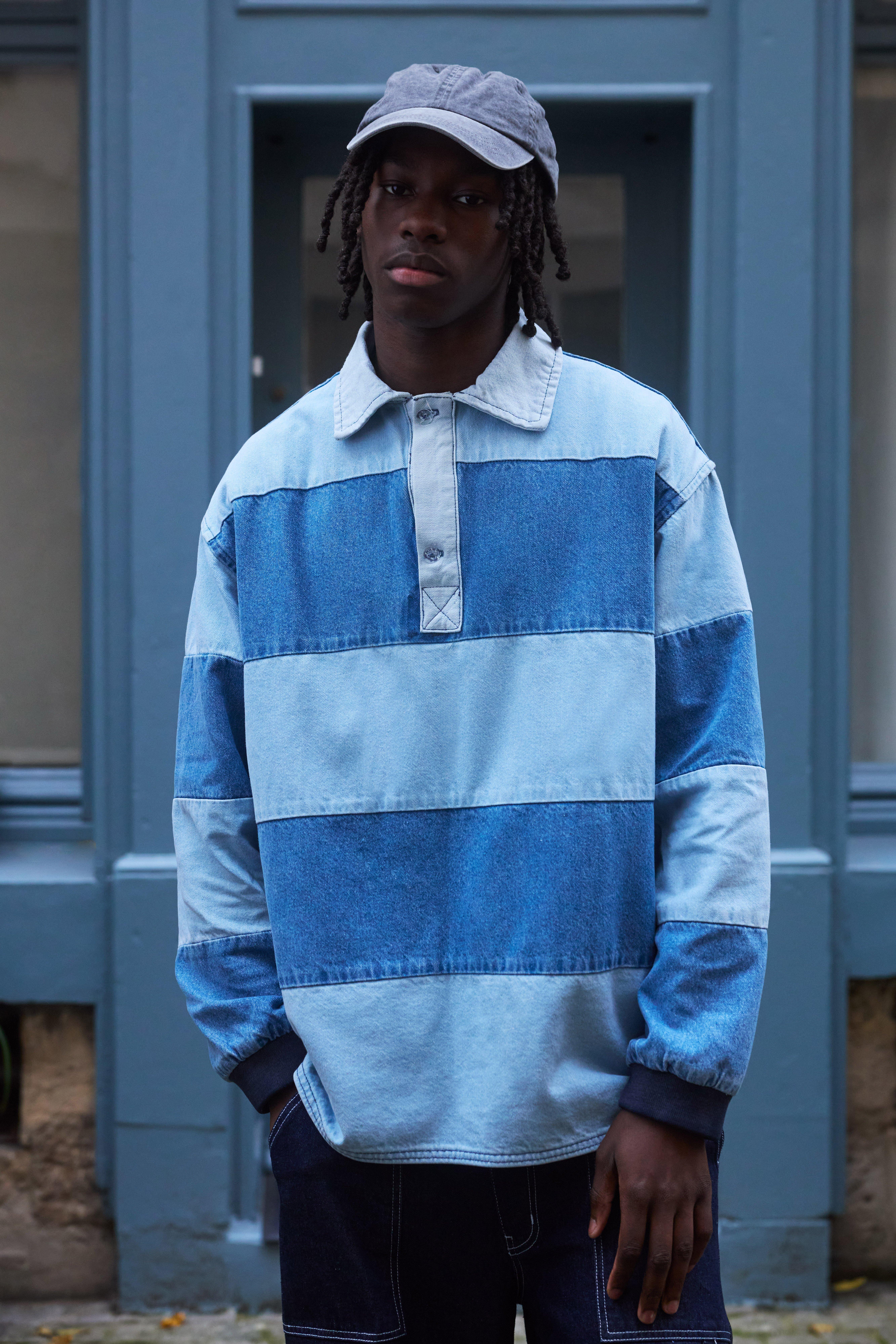 Mens Blue Oversized Denim Rugby Shirt, Blue