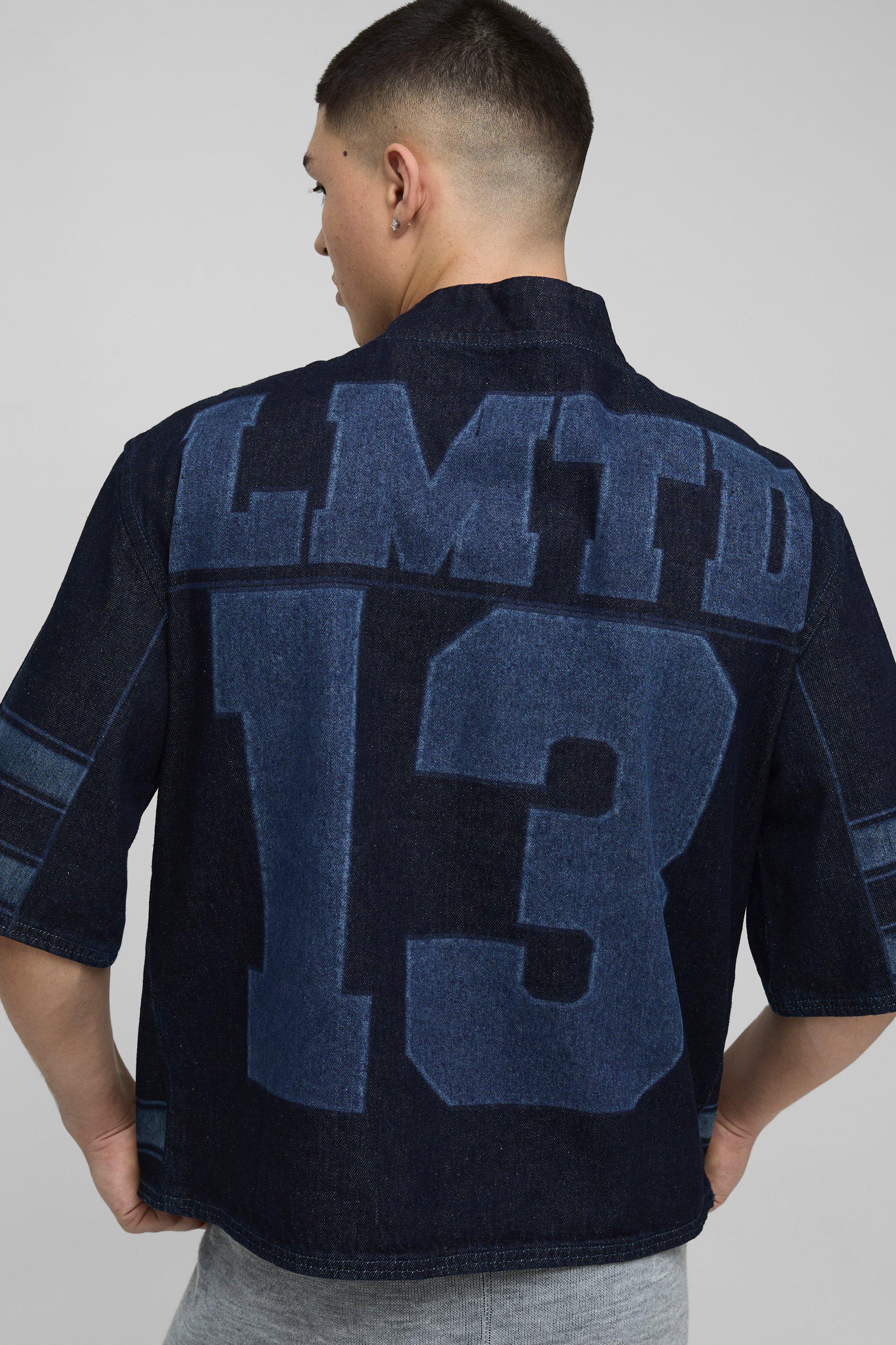 Mens Blue Oversized Boxy V Neck Laser Print Football Top, Blue