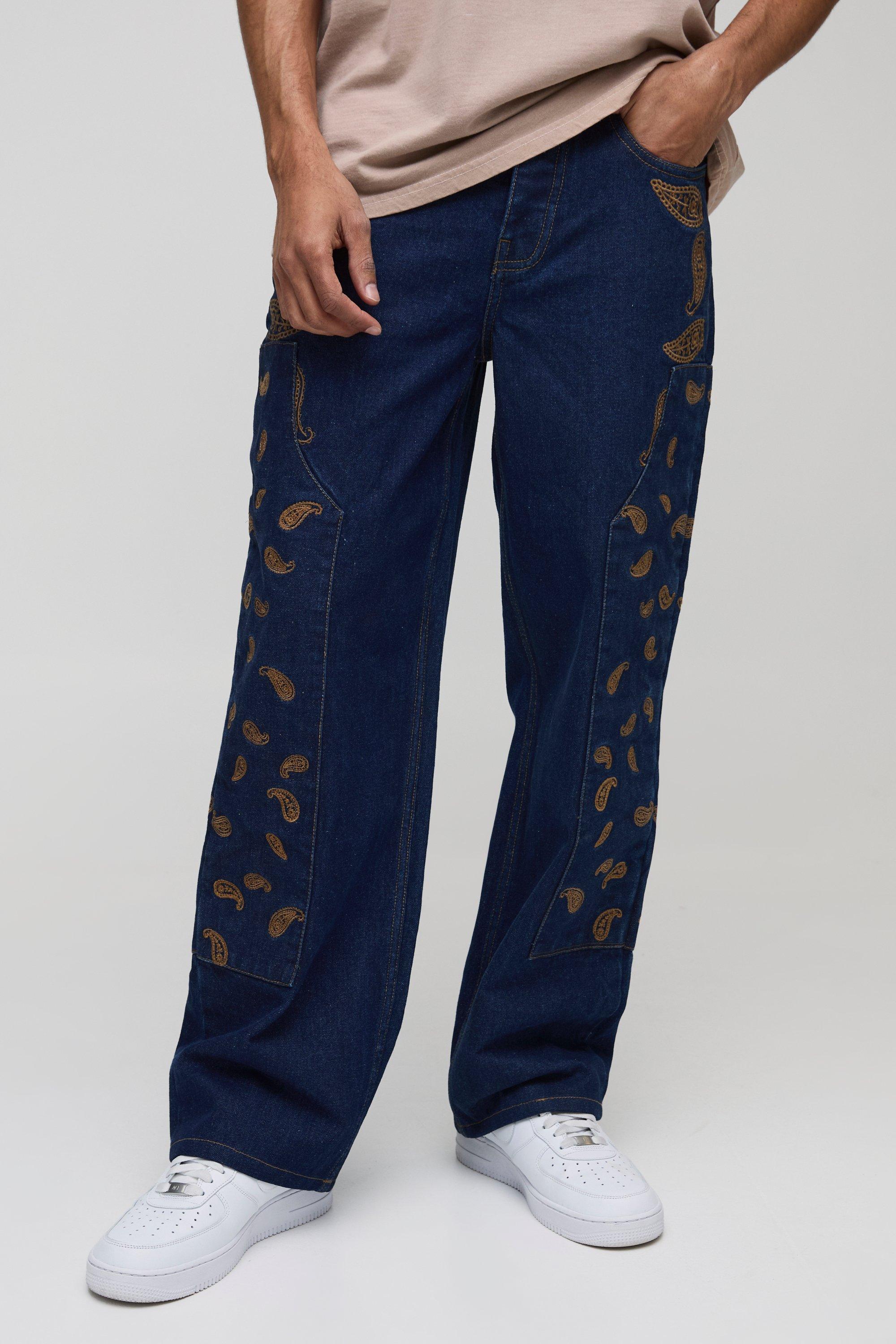 Boohoo Geborduurde Baggy Paisley Jeans, Indigo