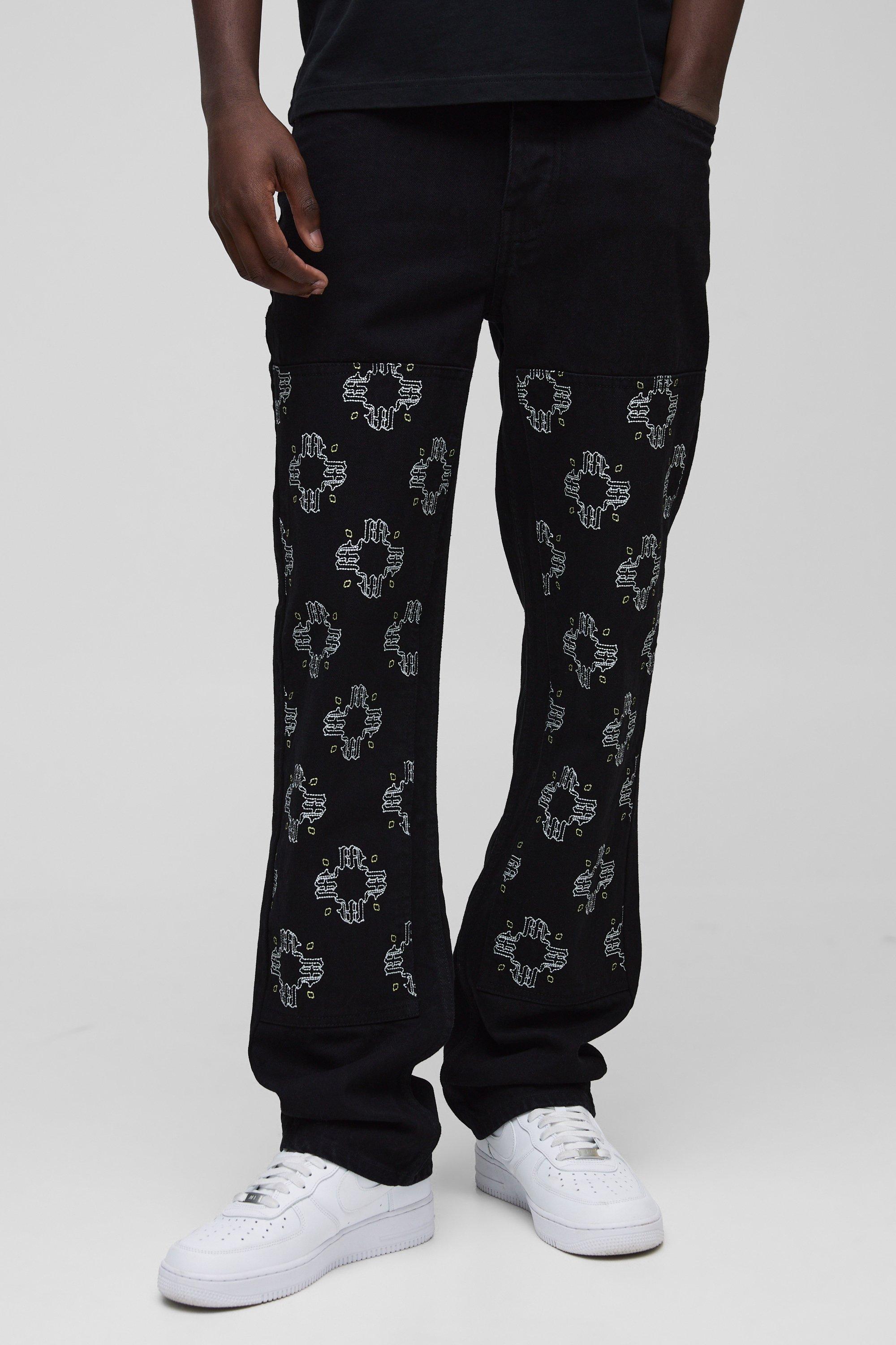 Boohoo Geborduurde Bloemenprint Utility Jeans Met Rechte Pijpen, Black