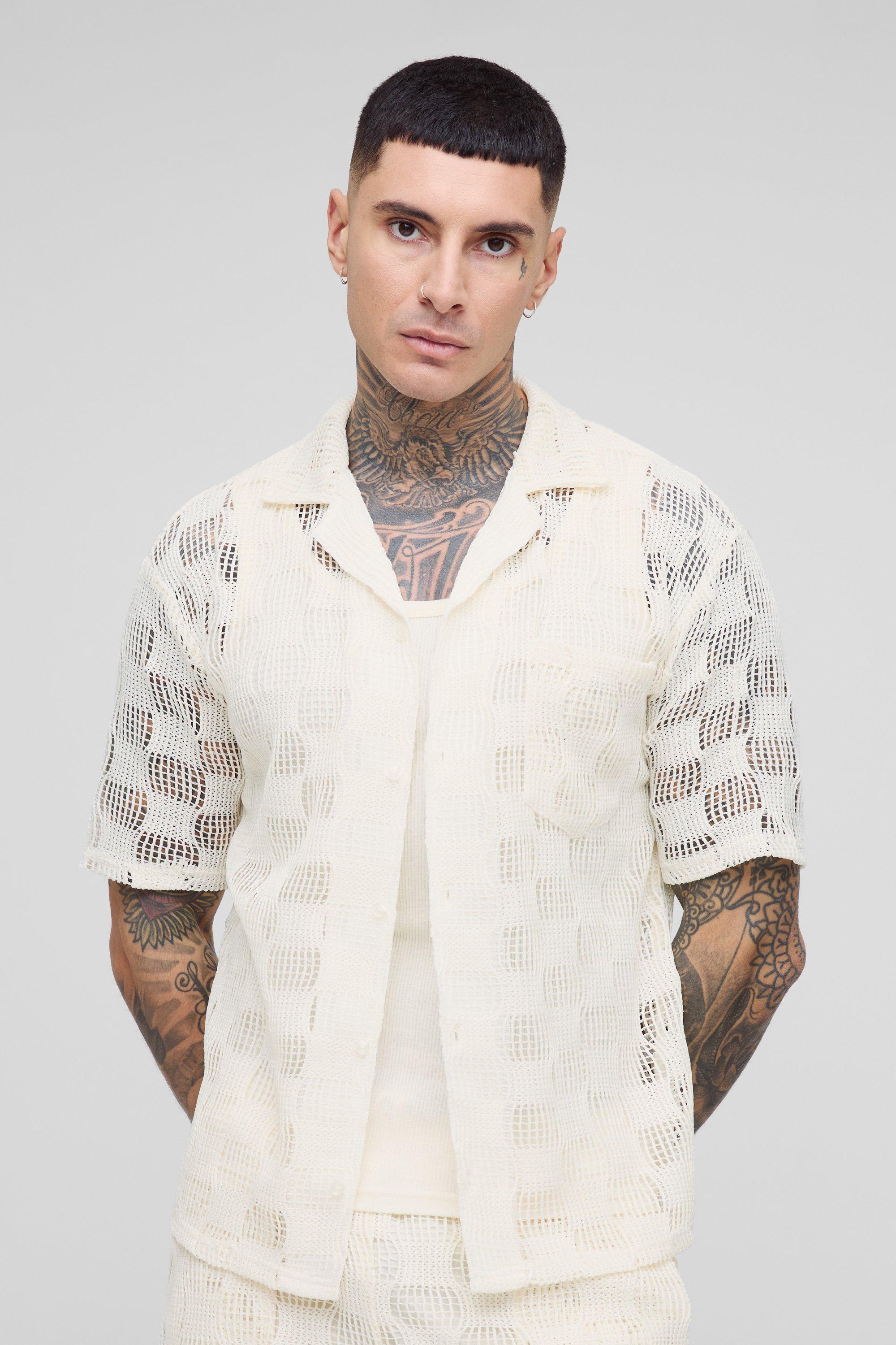 Camicia Tall a quadri traforata con rever, Beige