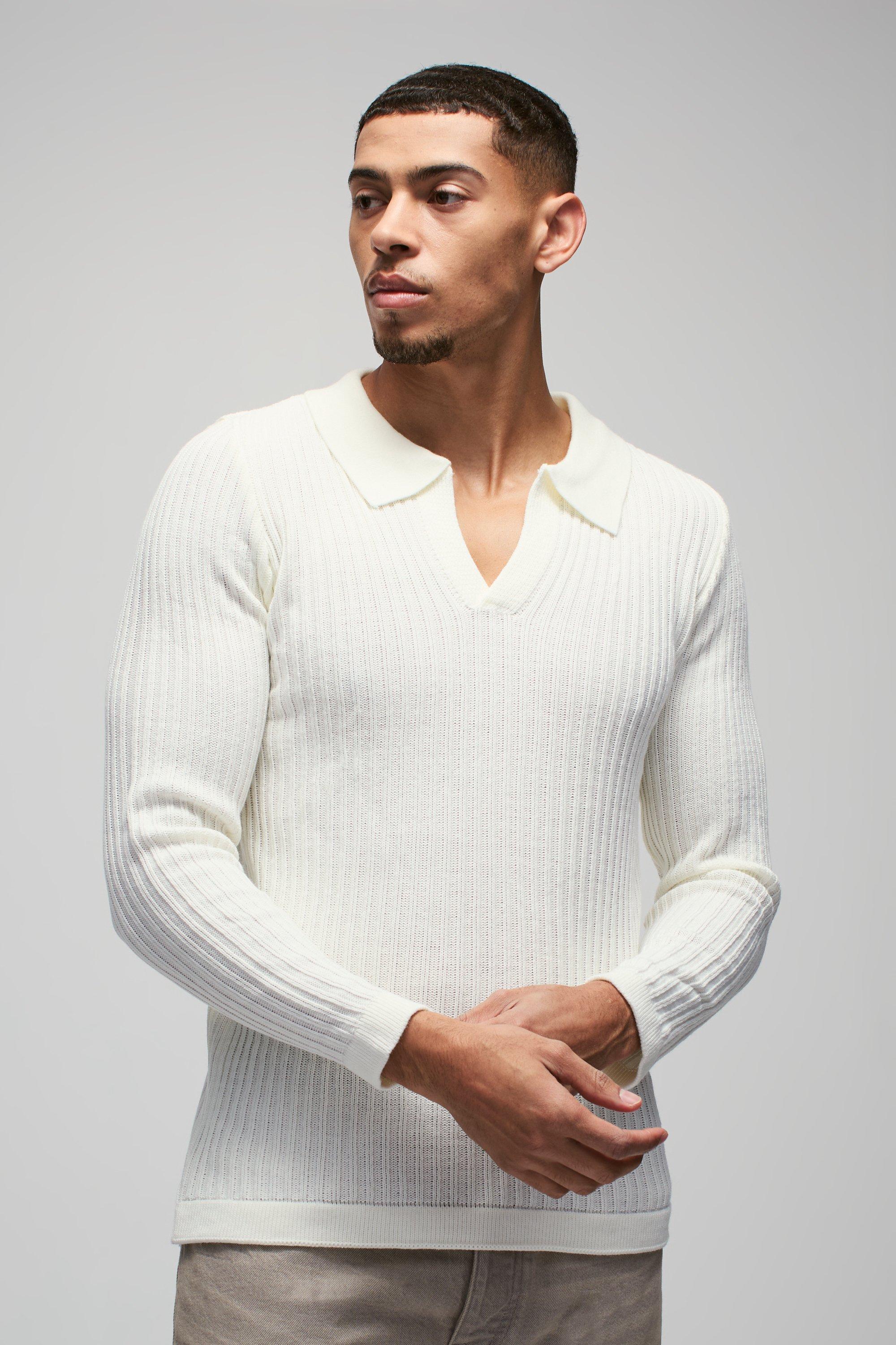 Mens Cream Regular Fit Ribbed V Neck Collar Knitted Polo, Cream