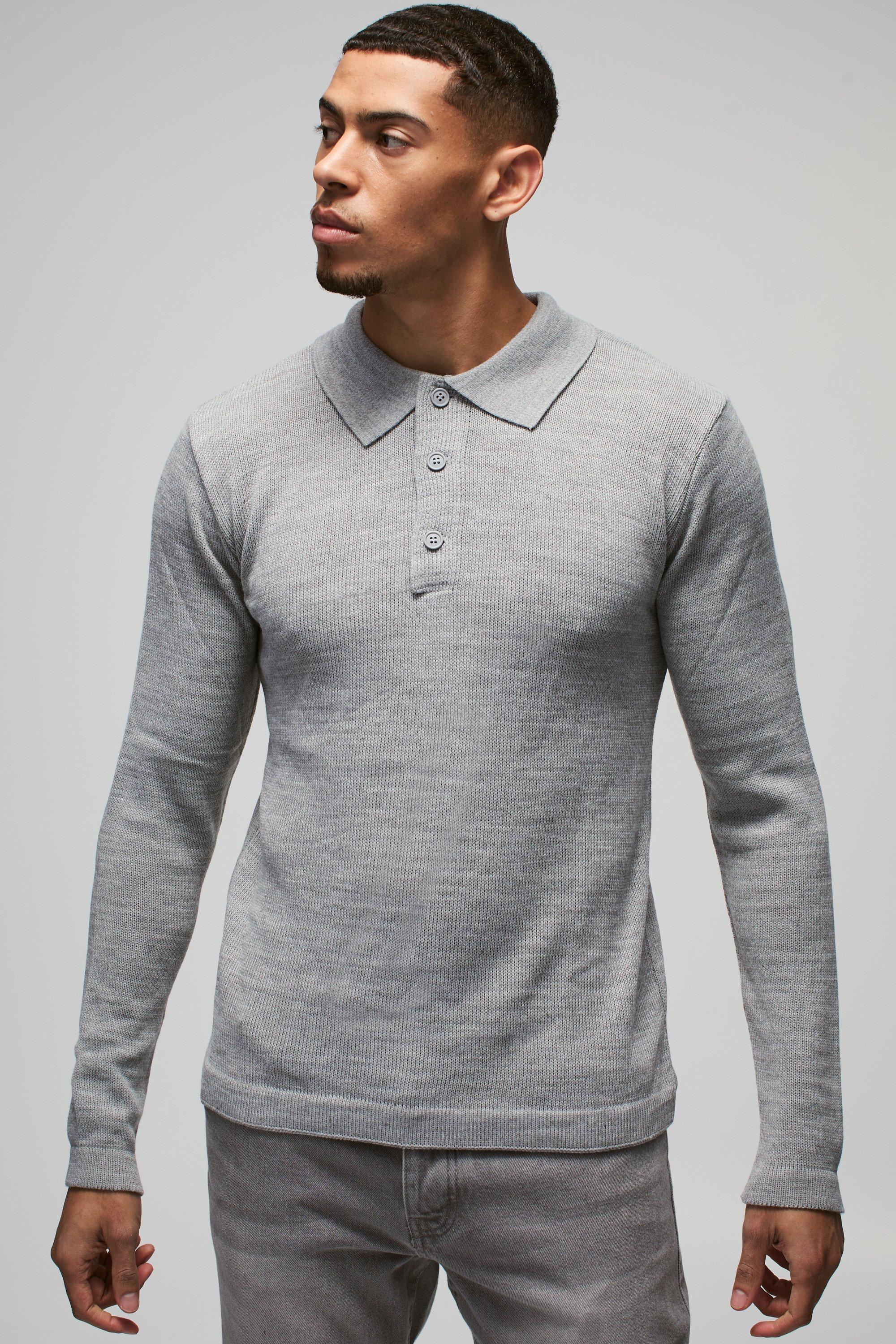 Polo a maniche lunghe in maglia Regular Fit con bottoni sul colletto, Grigio