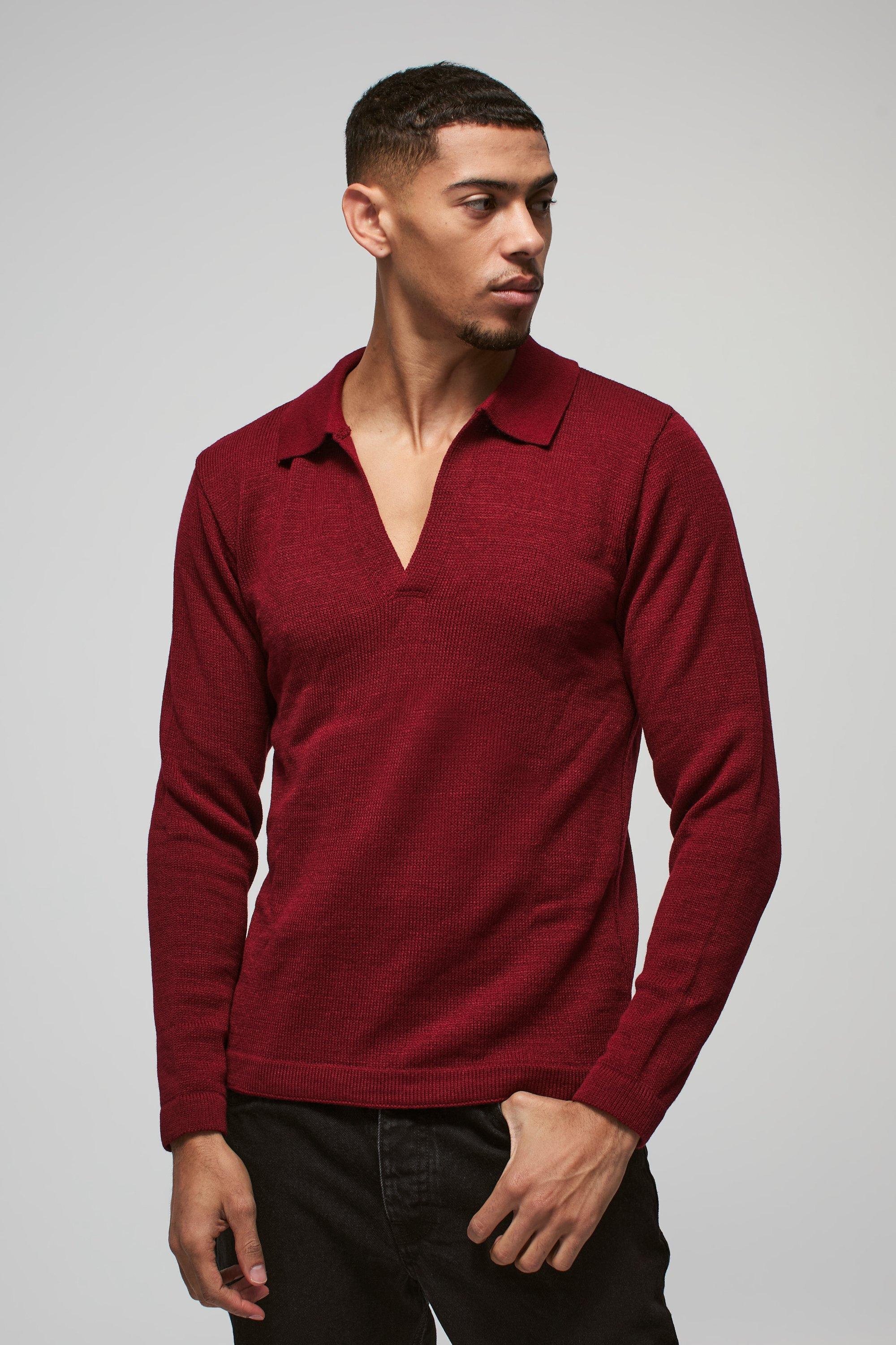 Polo a maniche lunghe in maglia Regular Fit con colletto a V profondo e rever, Rosso