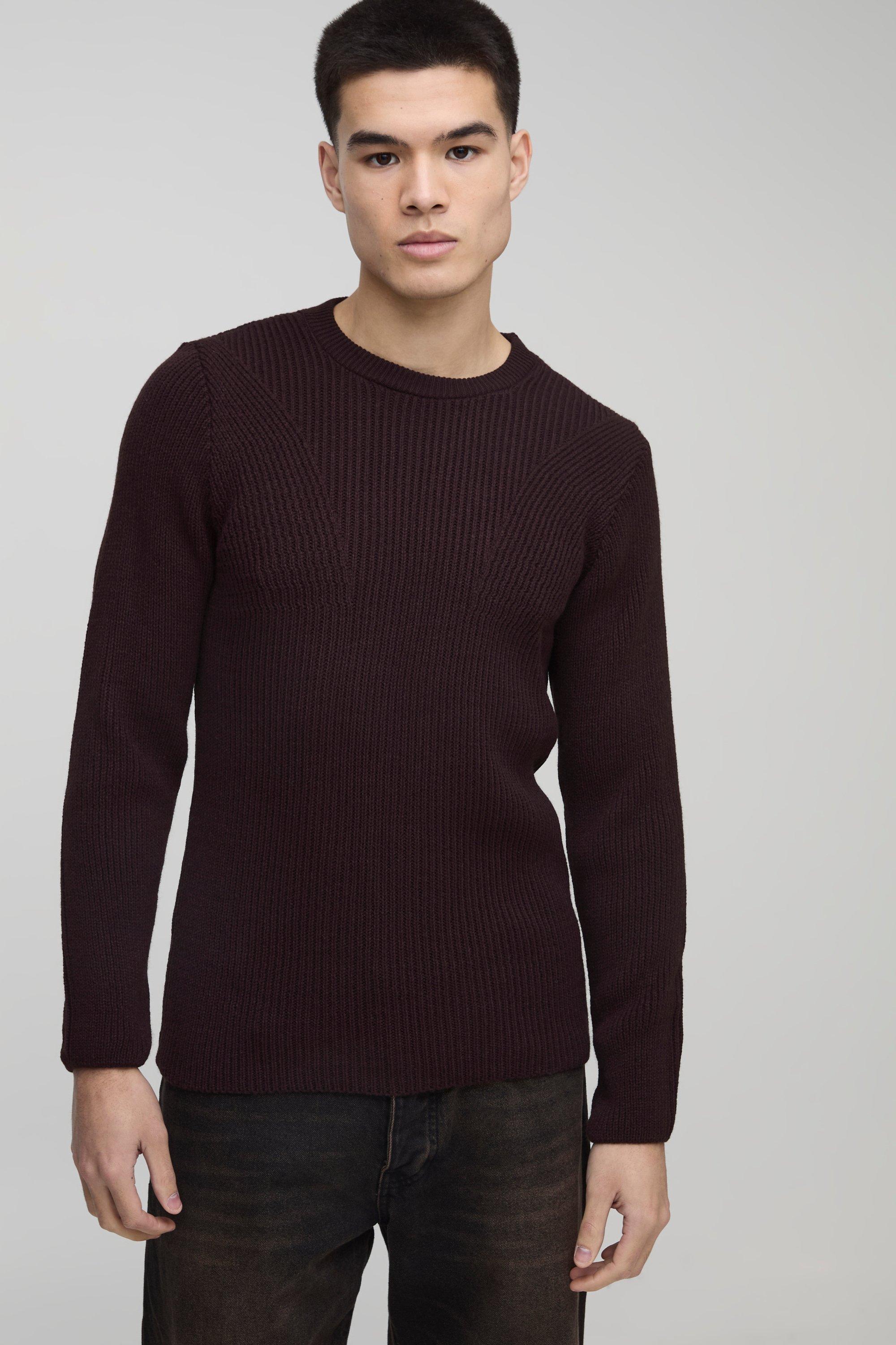 Maglione a girocollo Regular Fit in maglia a coste con pannelli, Brown