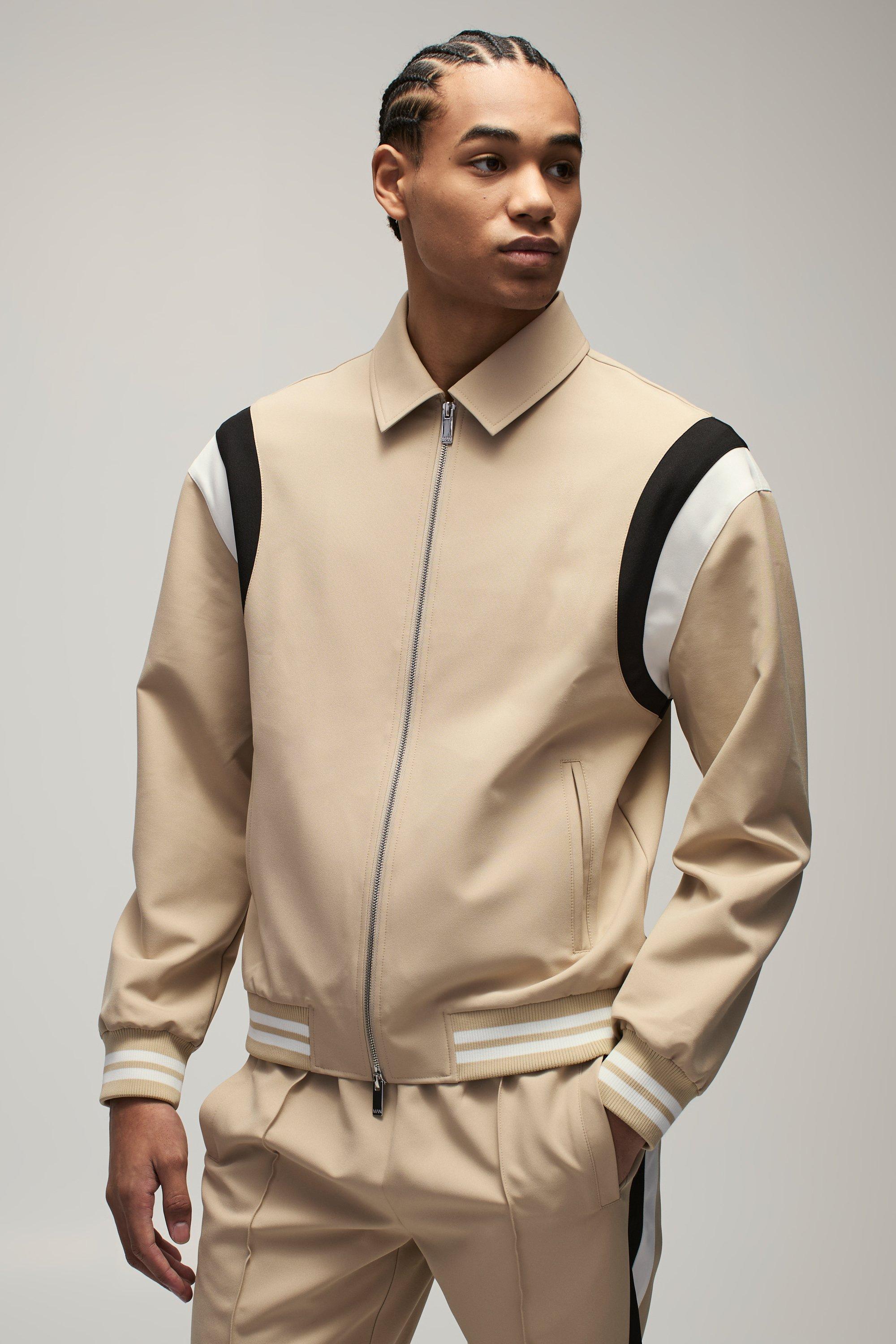 Mens Beige Tailored Collared Varsity Bomber Jacket, Beige