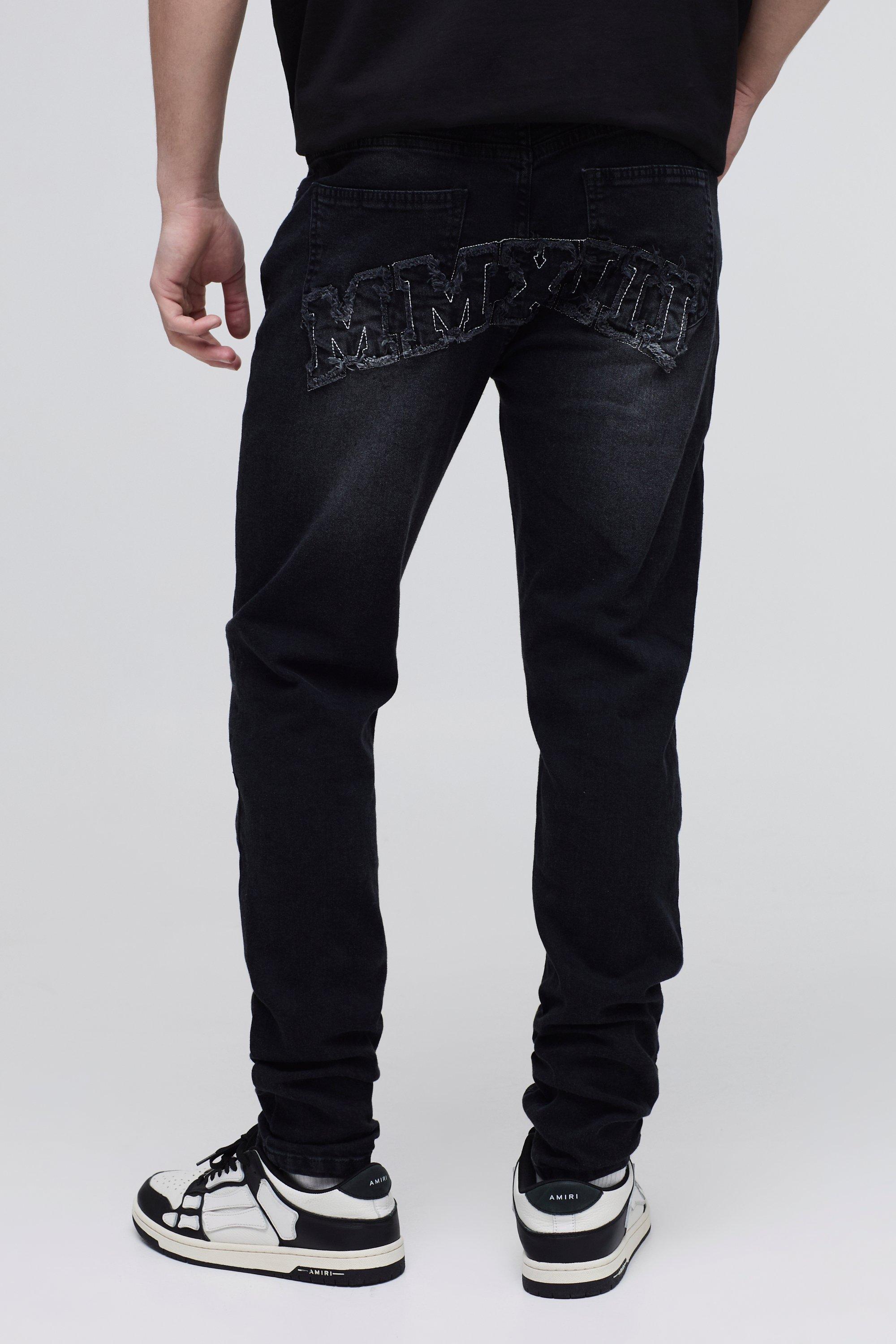 Mens Black Skinny Stretch Acid Wash Applique Denim Jeans, Black