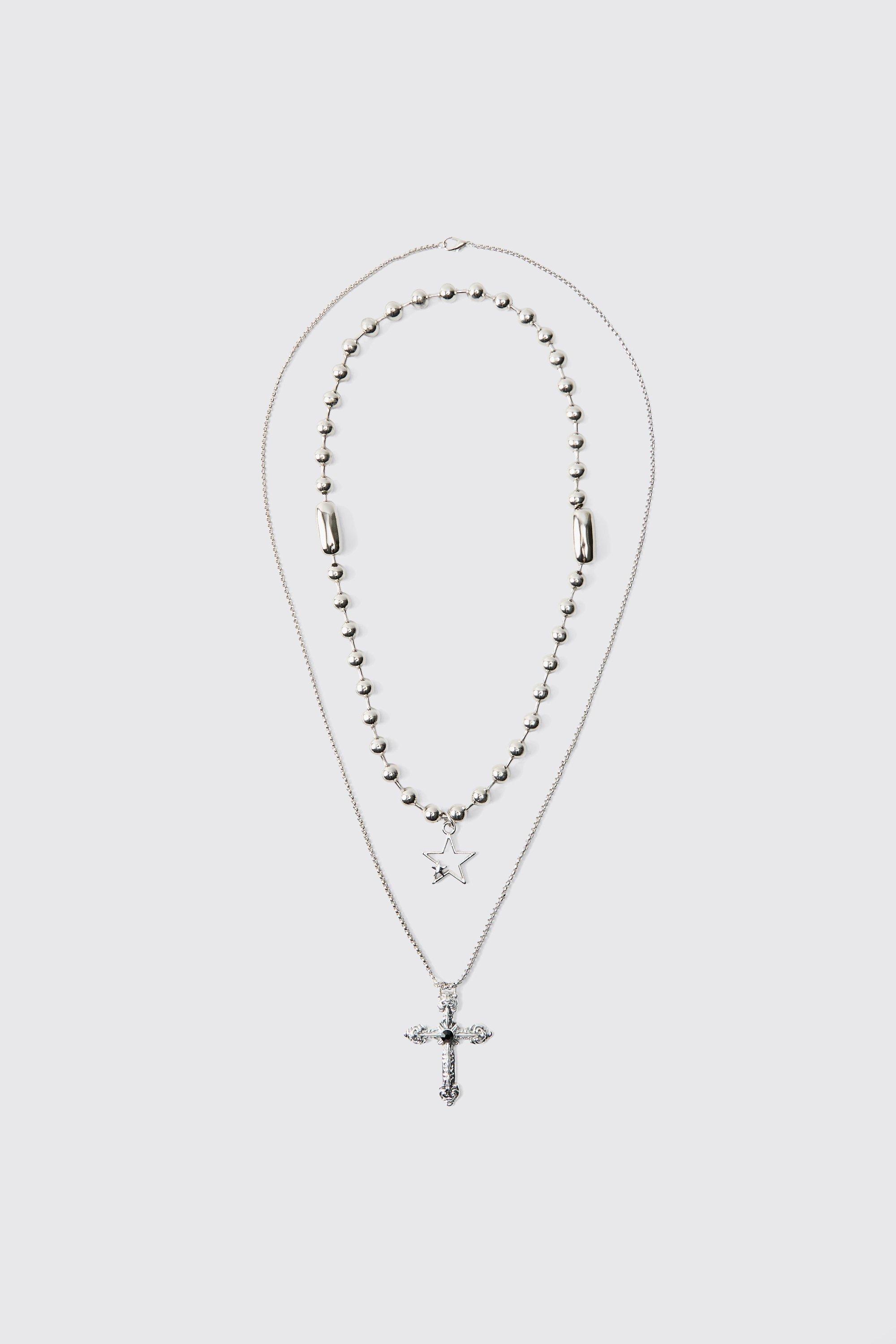 Collana a due fili in argento con pendente a croce, Grigio