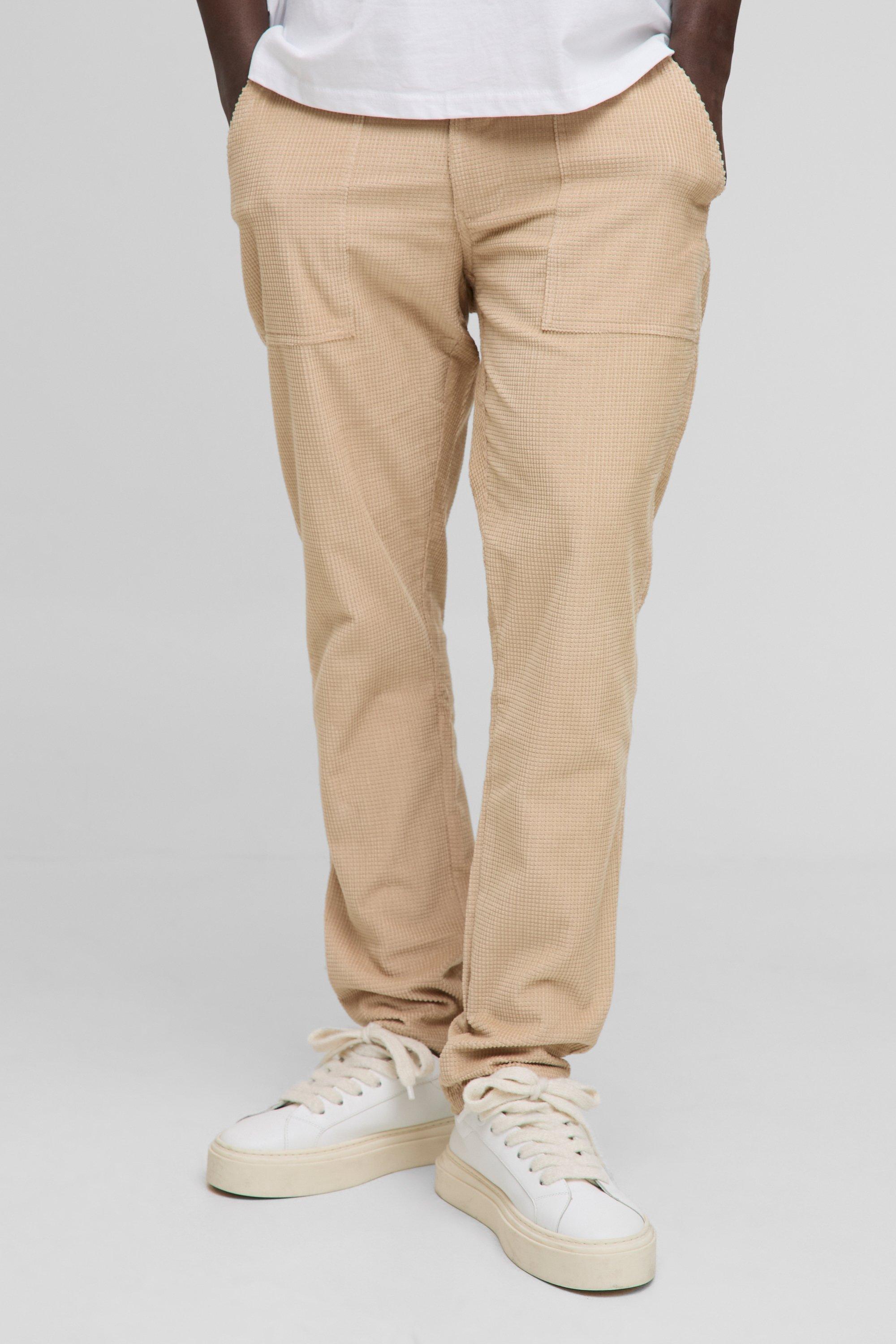 Mens Beige Slim Waffle Corduroy Trousers, Beige