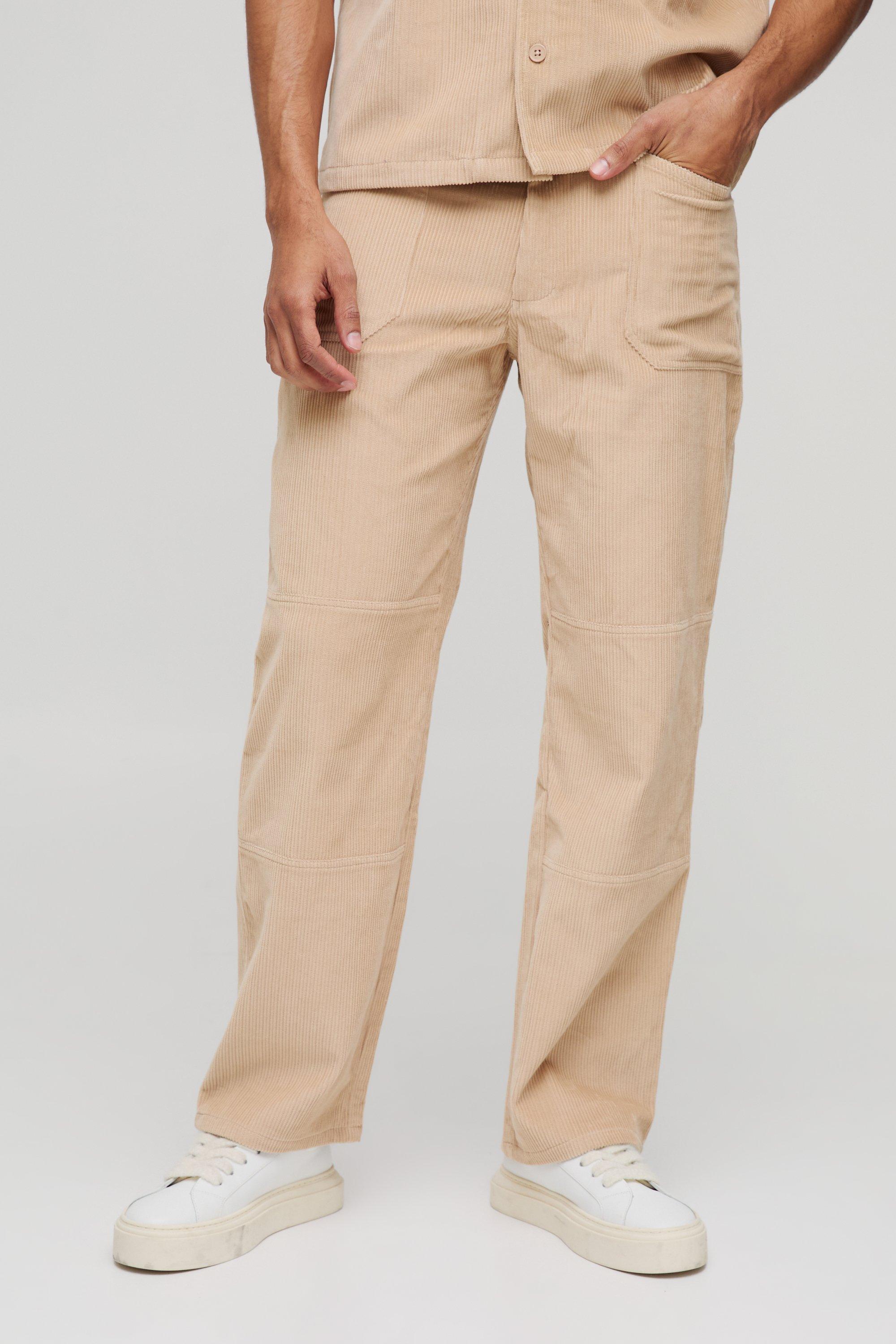 Pantaloni dritti in velluto a coste in lavaggio acido con pannelli, Beige