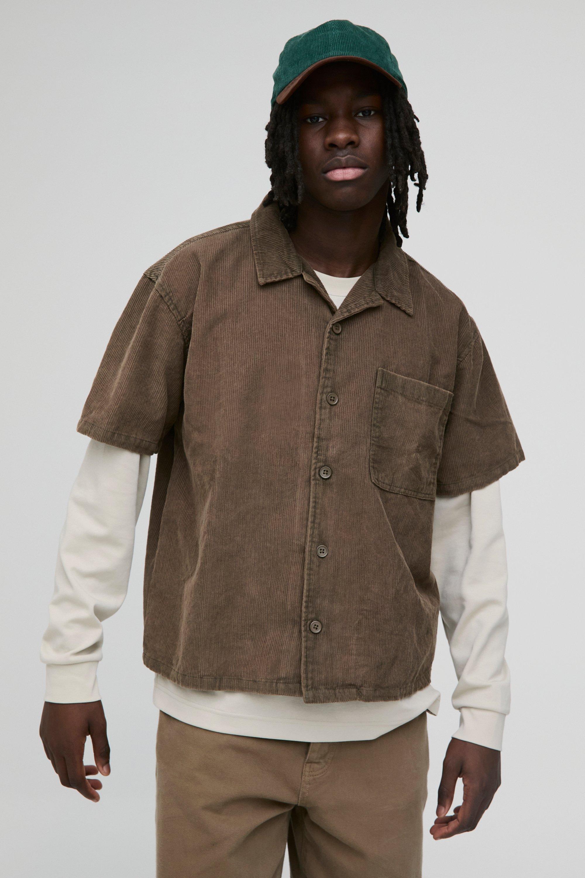 Mens Green Boxy Acid Wash Corduroy Shirt, Green