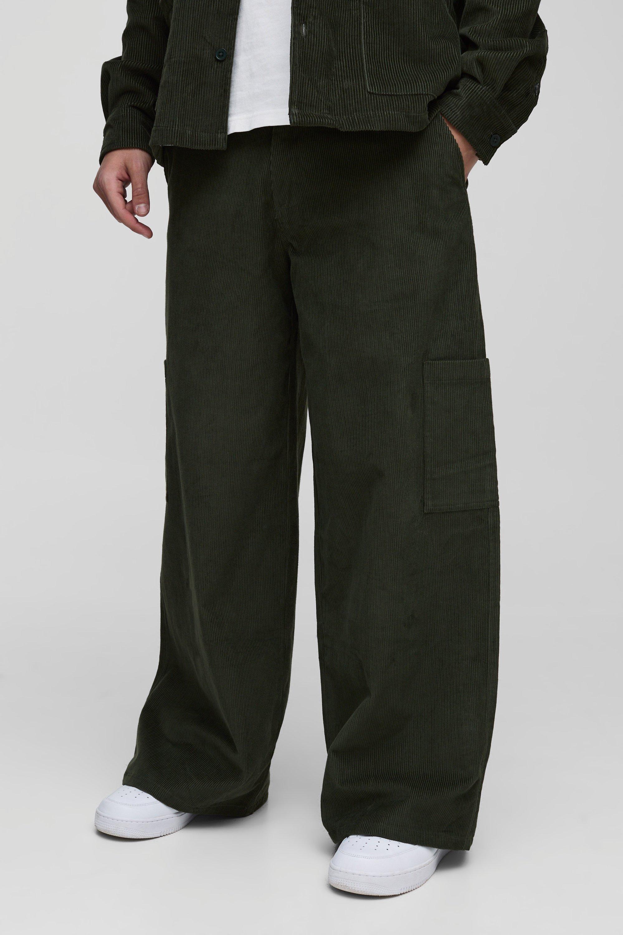 Mens Green Super Baggy Corduroy Multi Pocket Cargo Trousers, Green