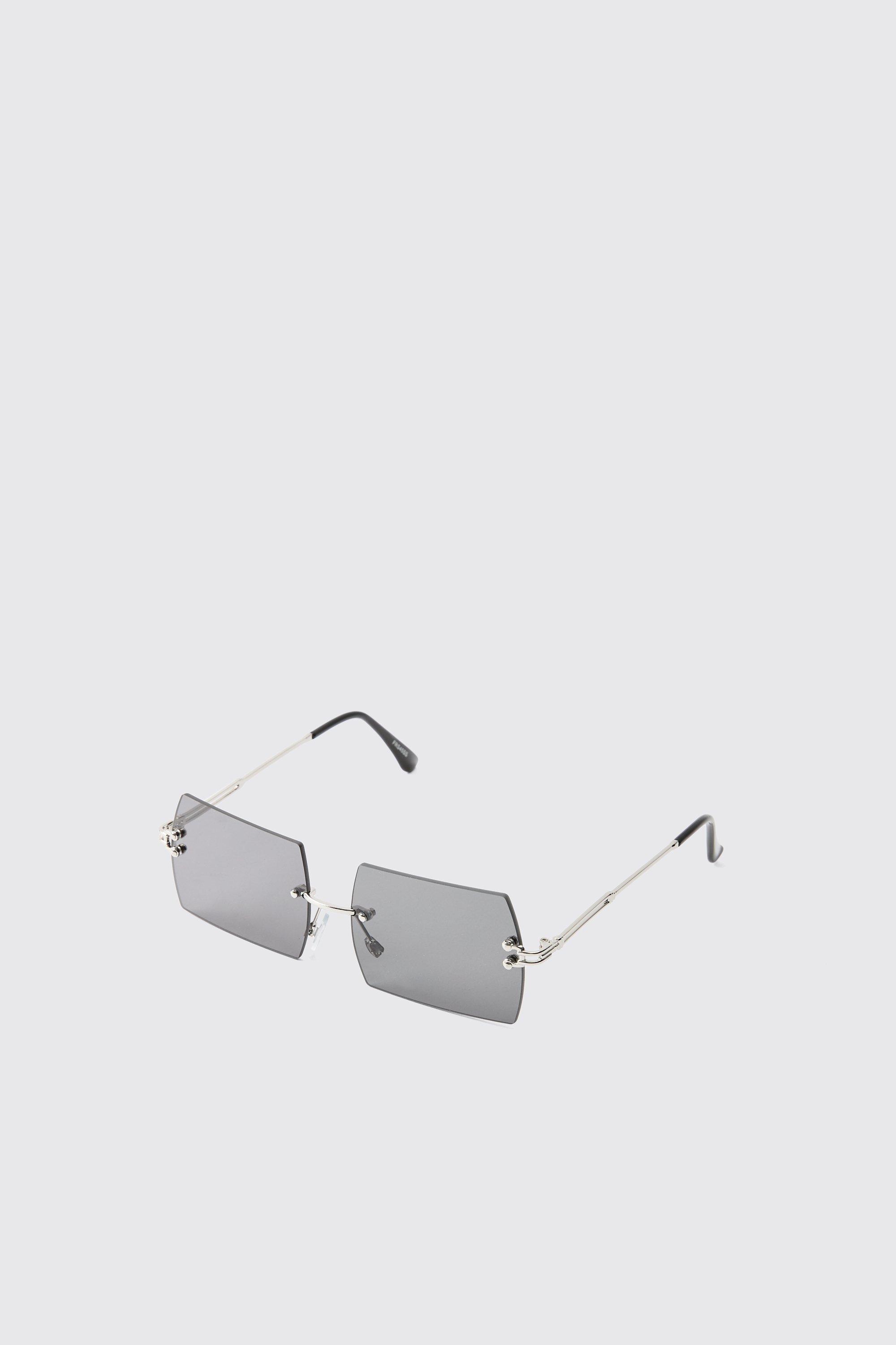 Mens Grey Rimless Silver Rectangular Sunglasses, Grey