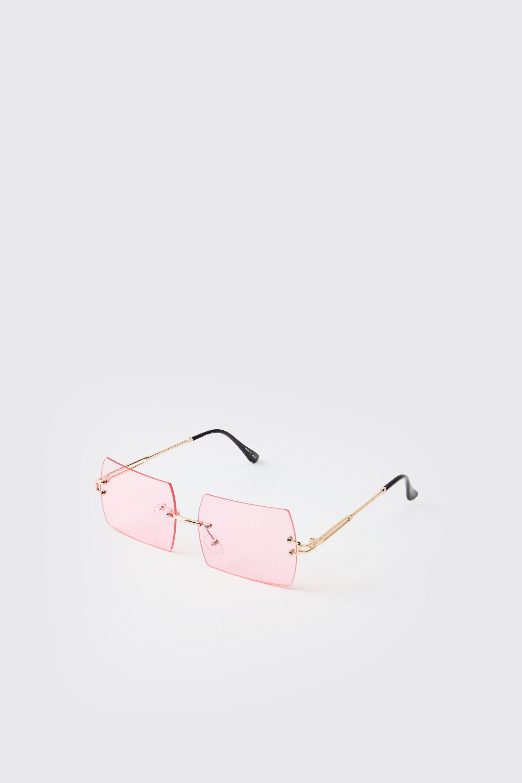 Mens Pink Rimless Square Metal Sunglasses, Pink