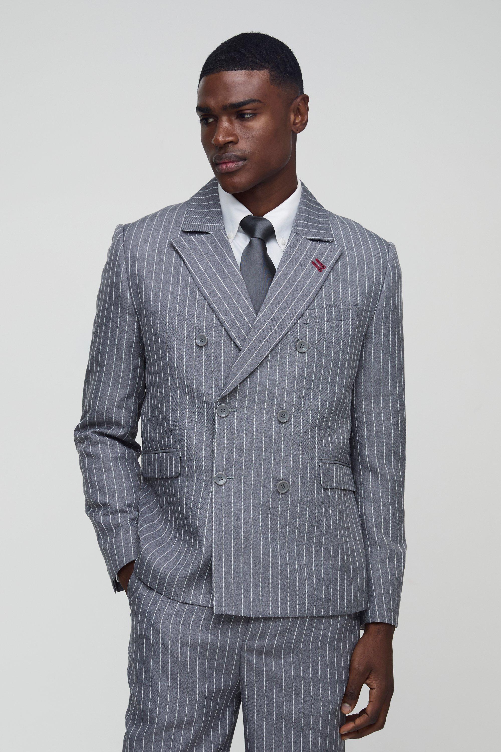 Mens Grey Relaxed Fit Pinstripe Double Breasted Blazer, Grey
