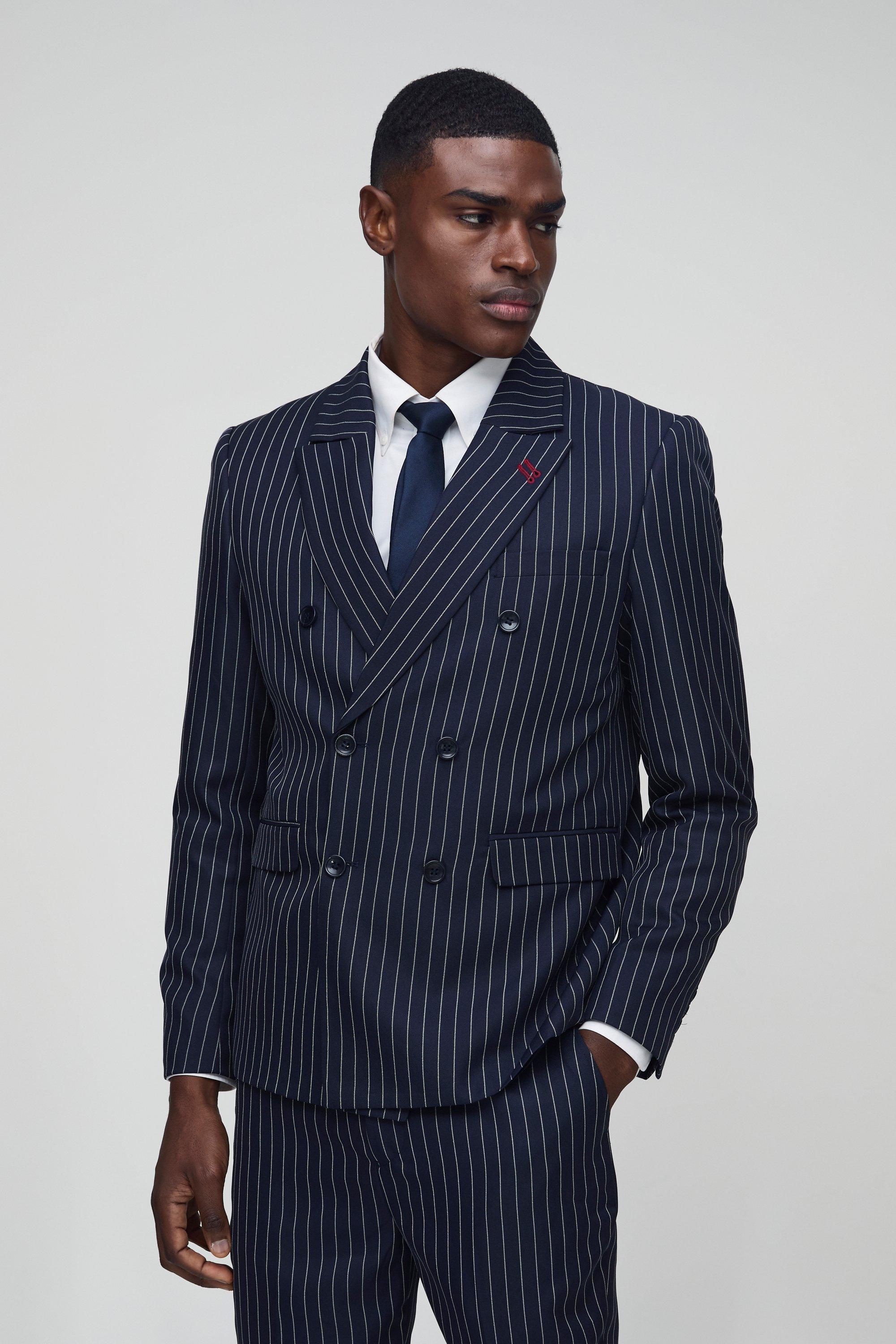 Blazer a doppiopetto rilassato a righe verticali, Navy