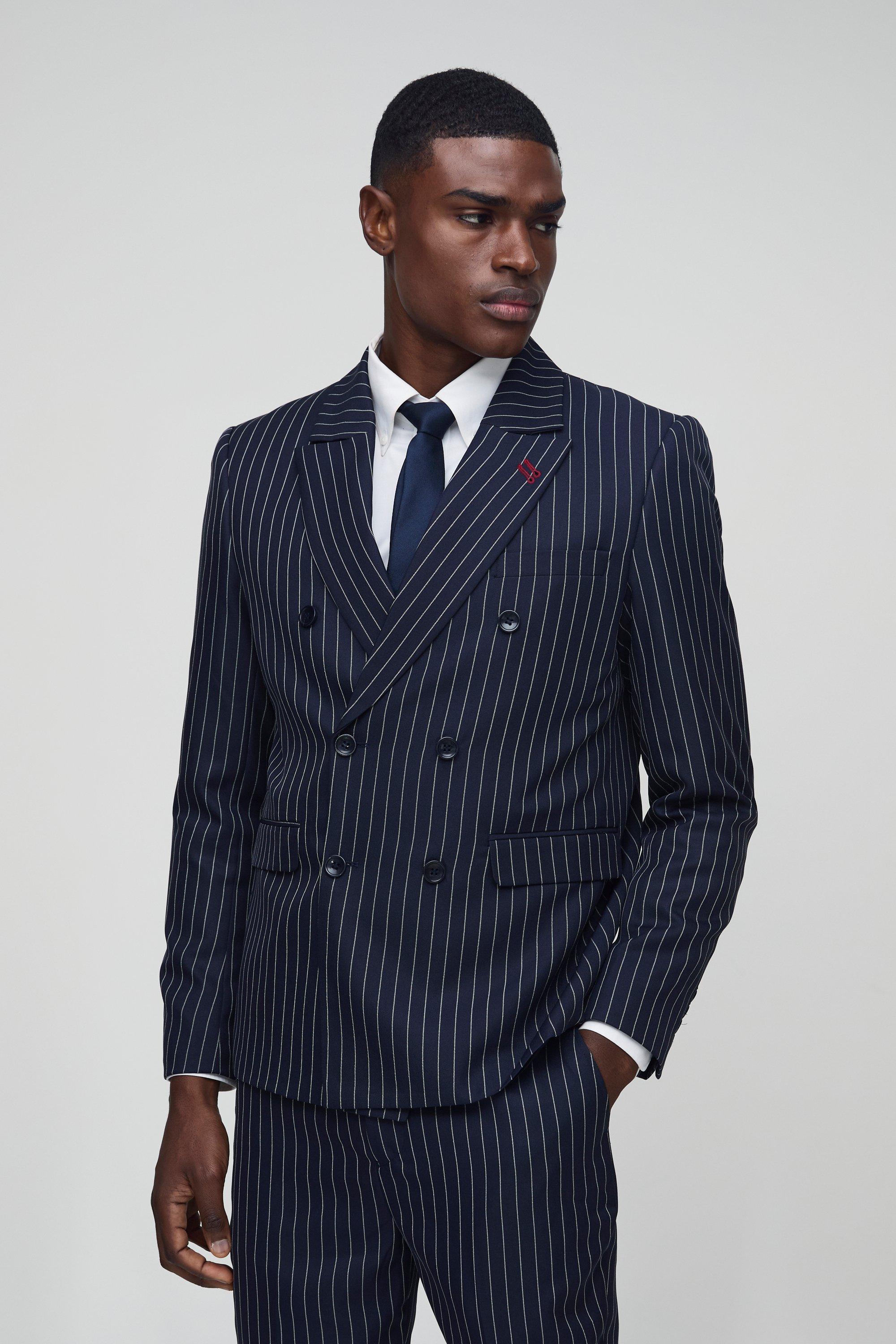 Mens Navy Relaxed Fit Pinstripe Double Breasted Blazer, Navy