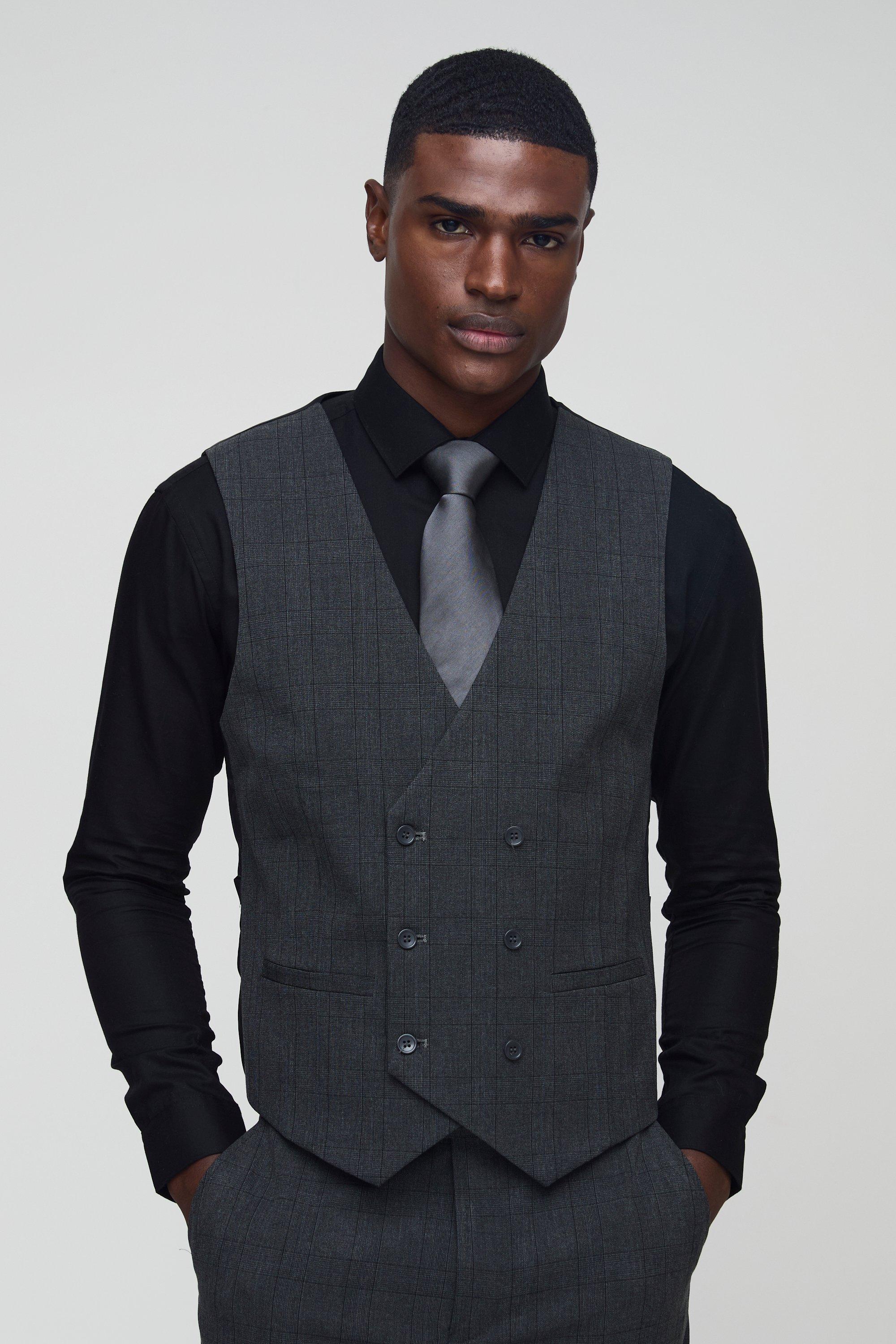 Mens Grey Slim Fit Tonal Check Suit Waistcoat, Grey