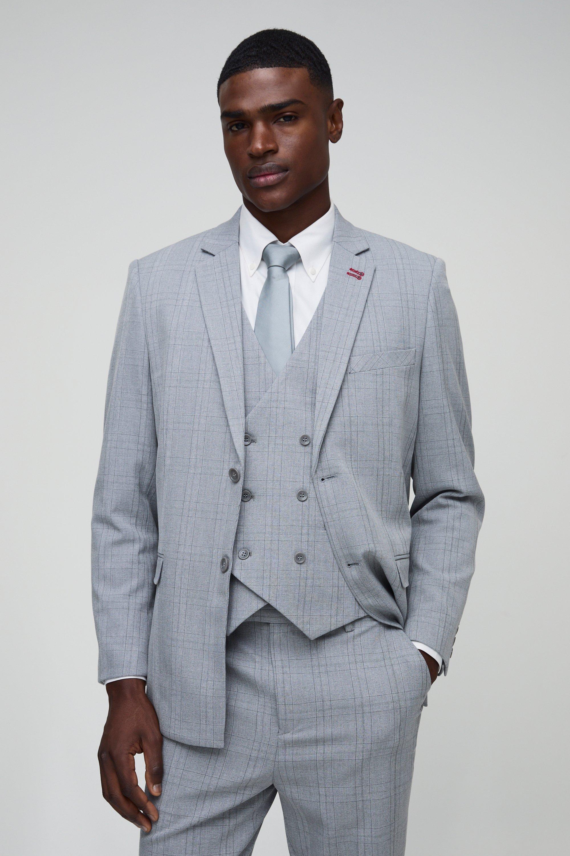 Mens Grey Straight Fit Tonal Check Single Breasted Suit Blazer, Grey