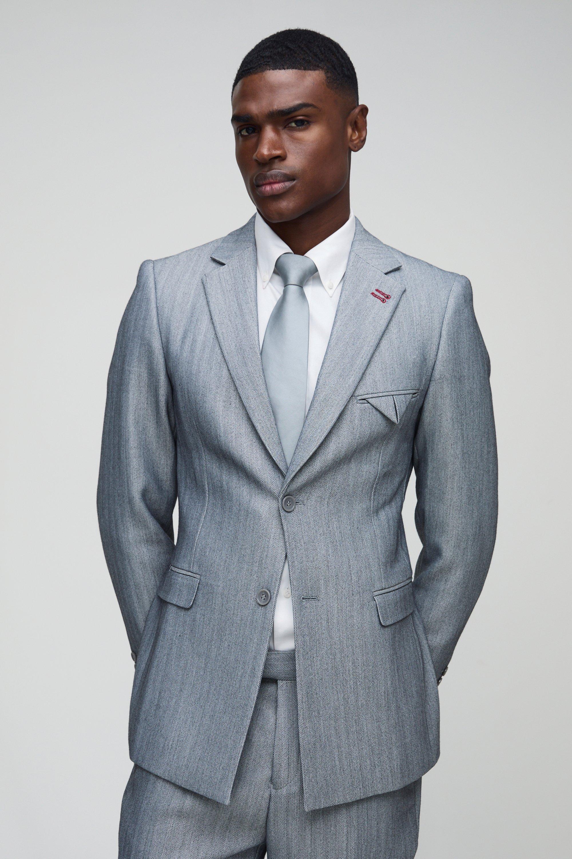 Mens Grey Slim Fit Herringbone Blazer, Grey