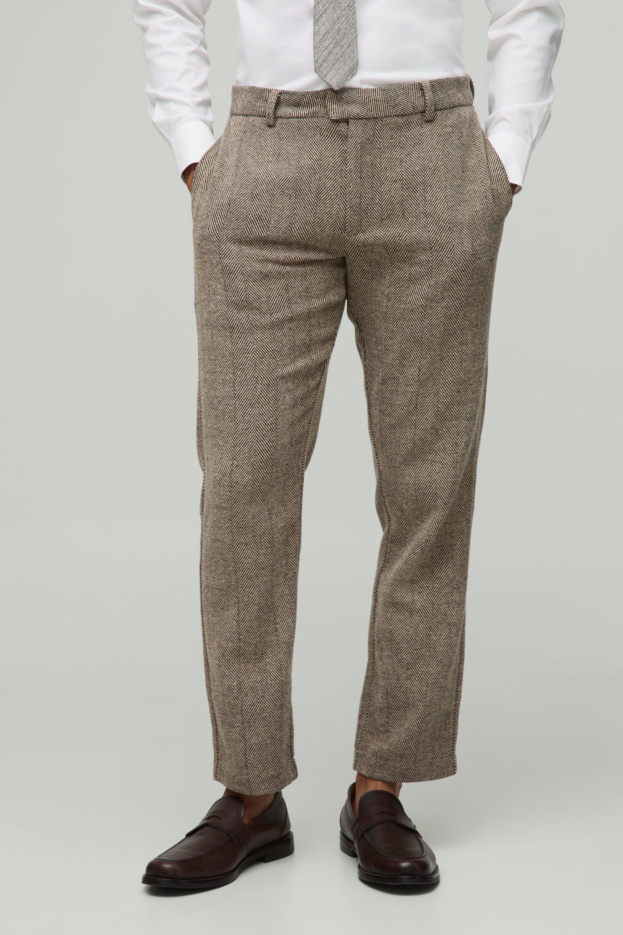 Mens Beige Slim Fit Herringbone Tailored Trouser, Beige