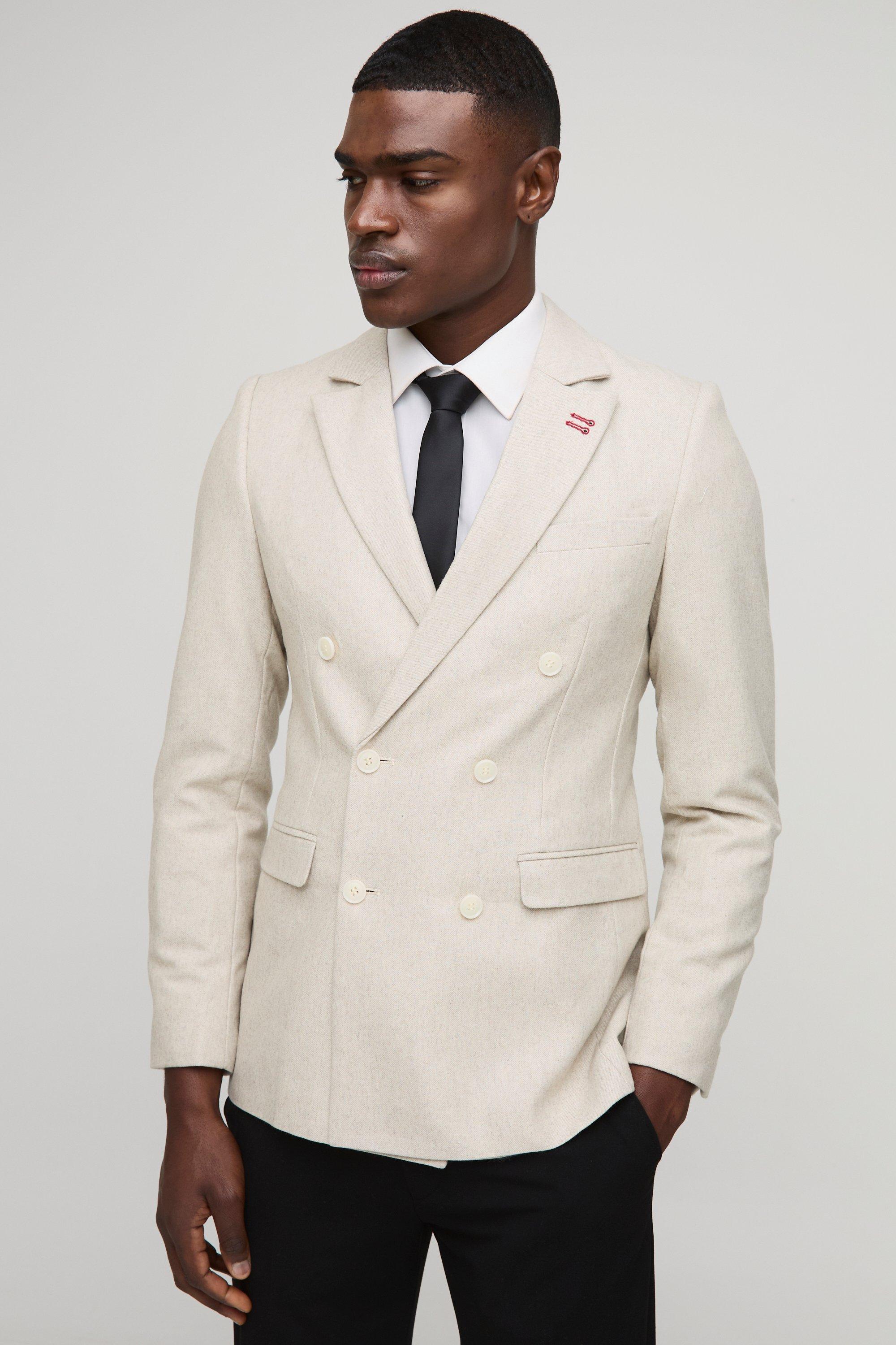 Mens Beige Slim Fit Double Breasted Textured Blazer, Beige