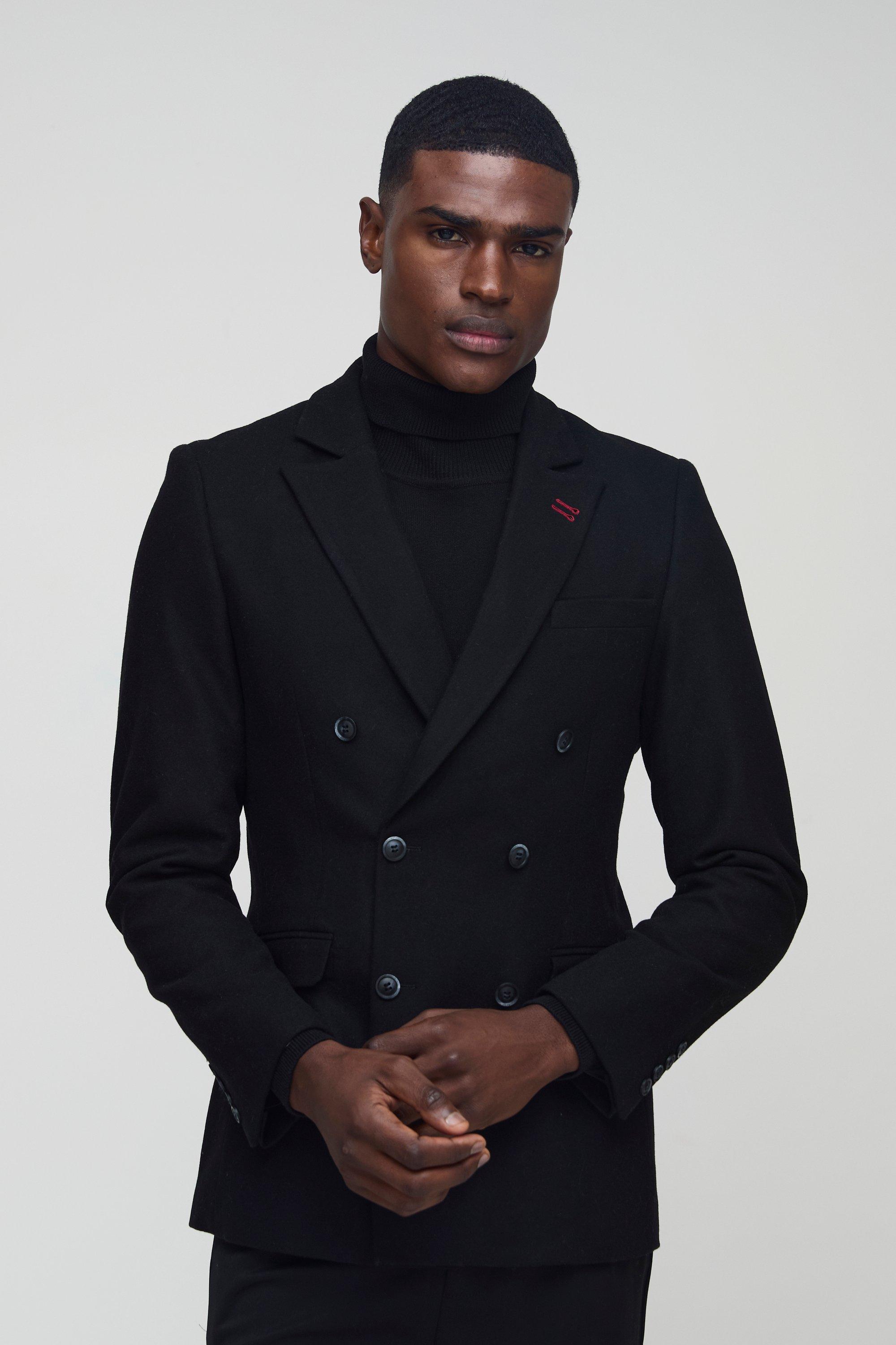 Mens Black Slim Fit Double Breasted Textured Blazer, Black