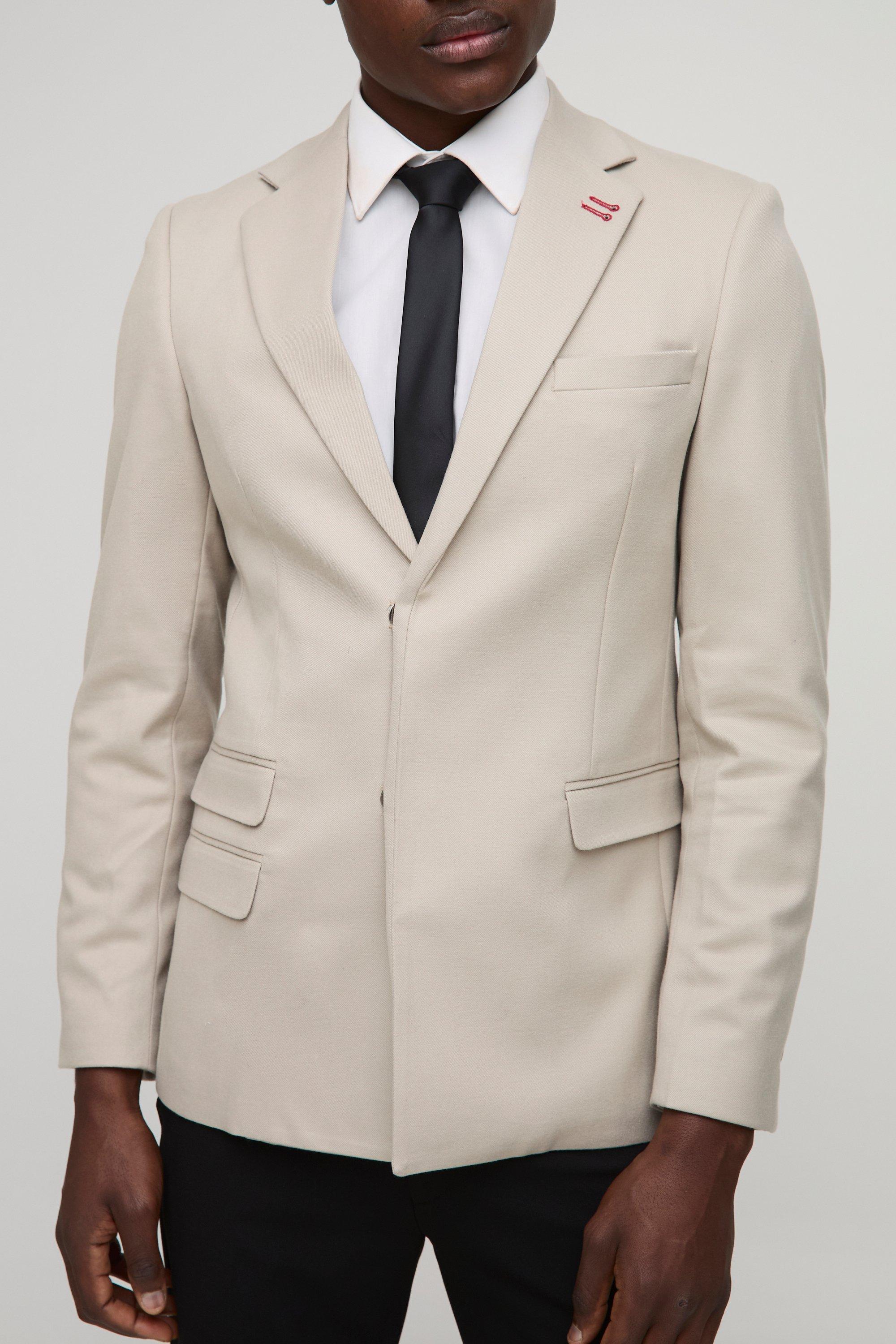 Mens Beige Slim Fit Textured Twill Blazer, Beige