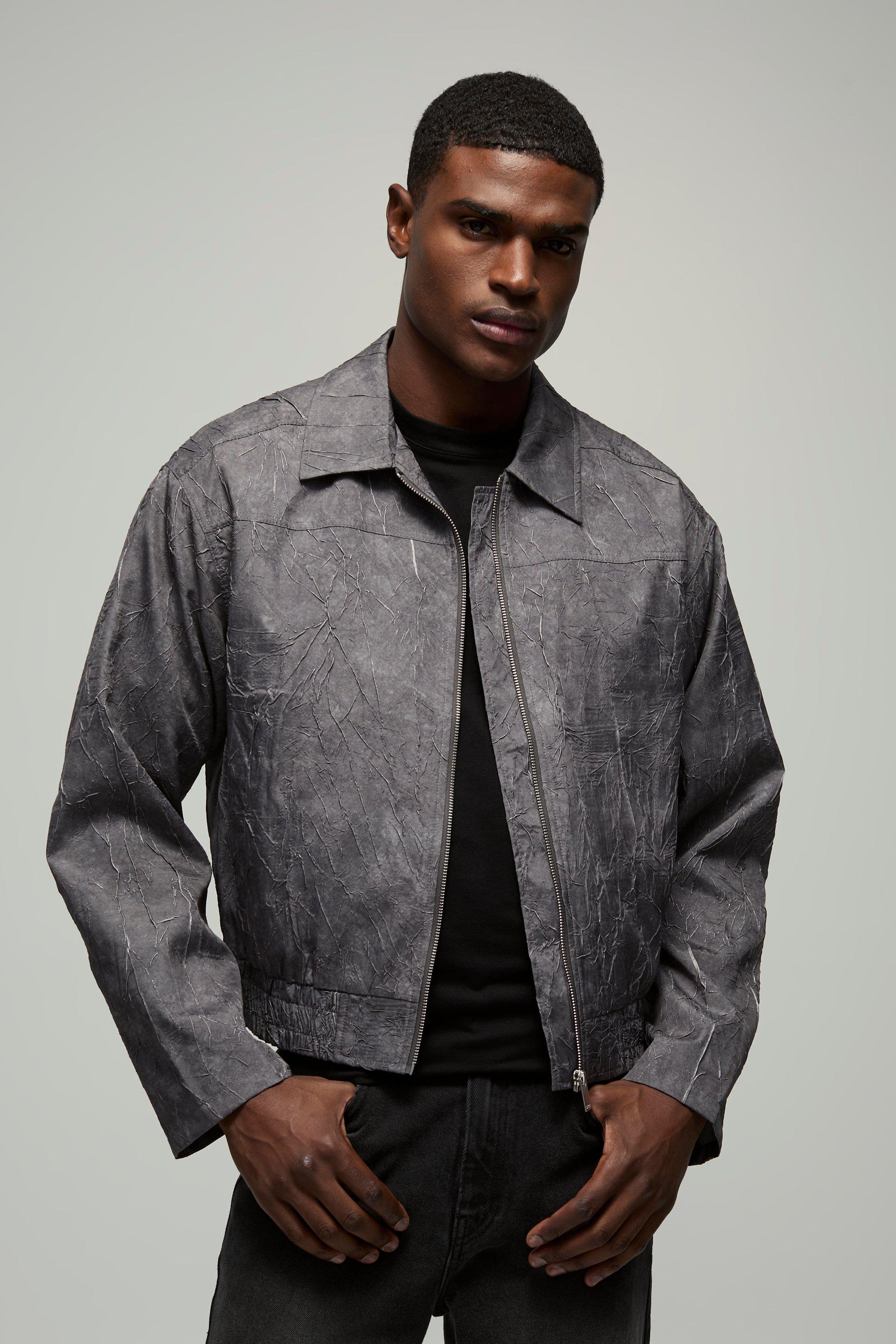 Mens Grey Boxy Crinkle Harrington Jacket, Grey