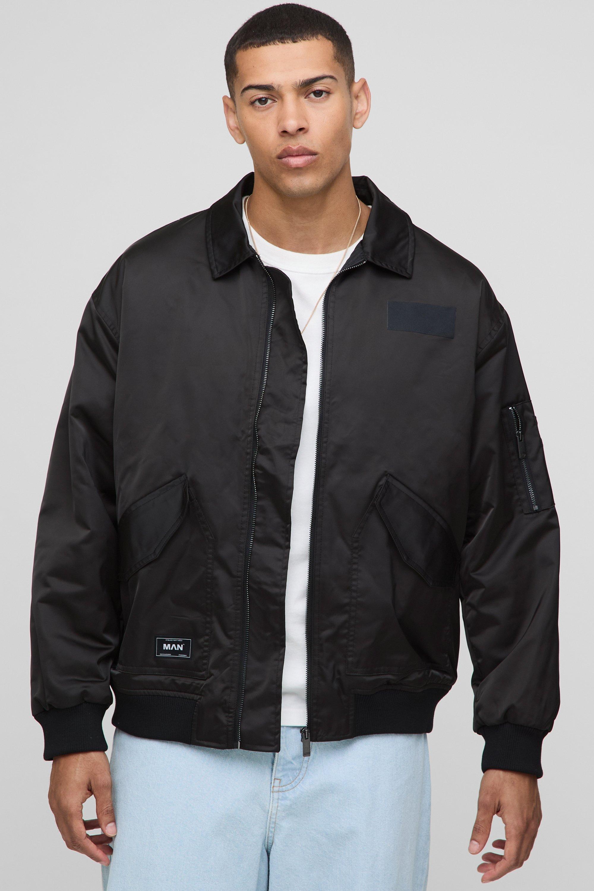 Mens Black Oversized Nylon Collared Flight Jacket, Black