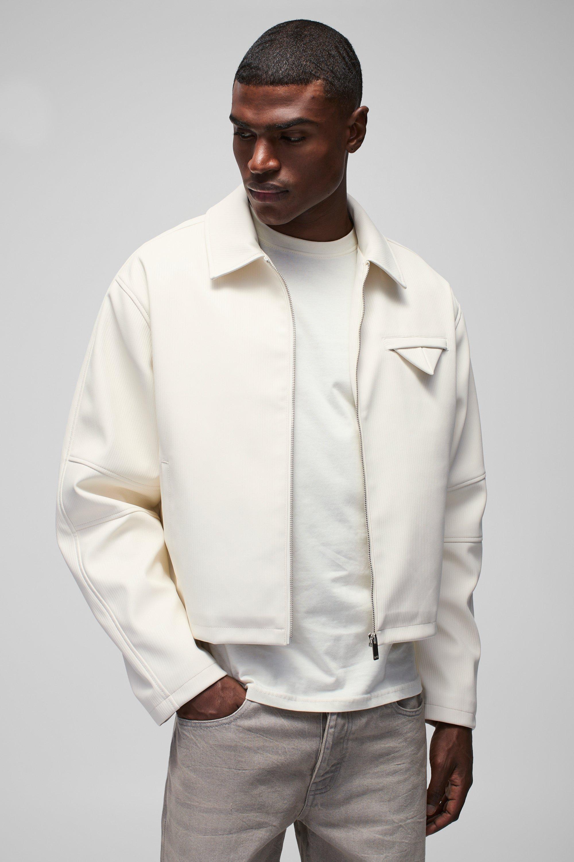 Mens Cream Oversized Boxy PU Pleated Harrington Jacket, Cream