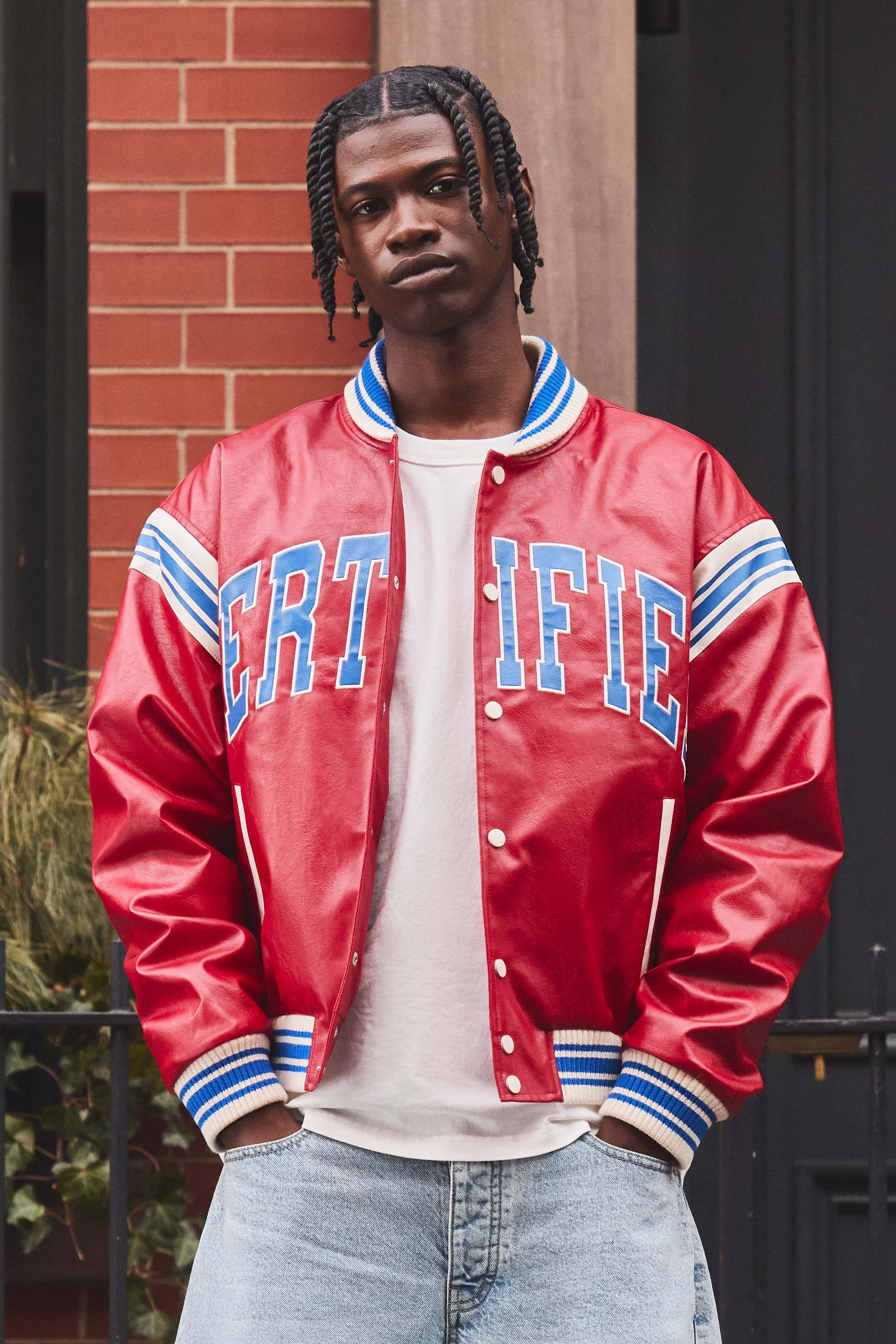 Mens Red Boxy Certified PU Applique Bomber Jacket, Red